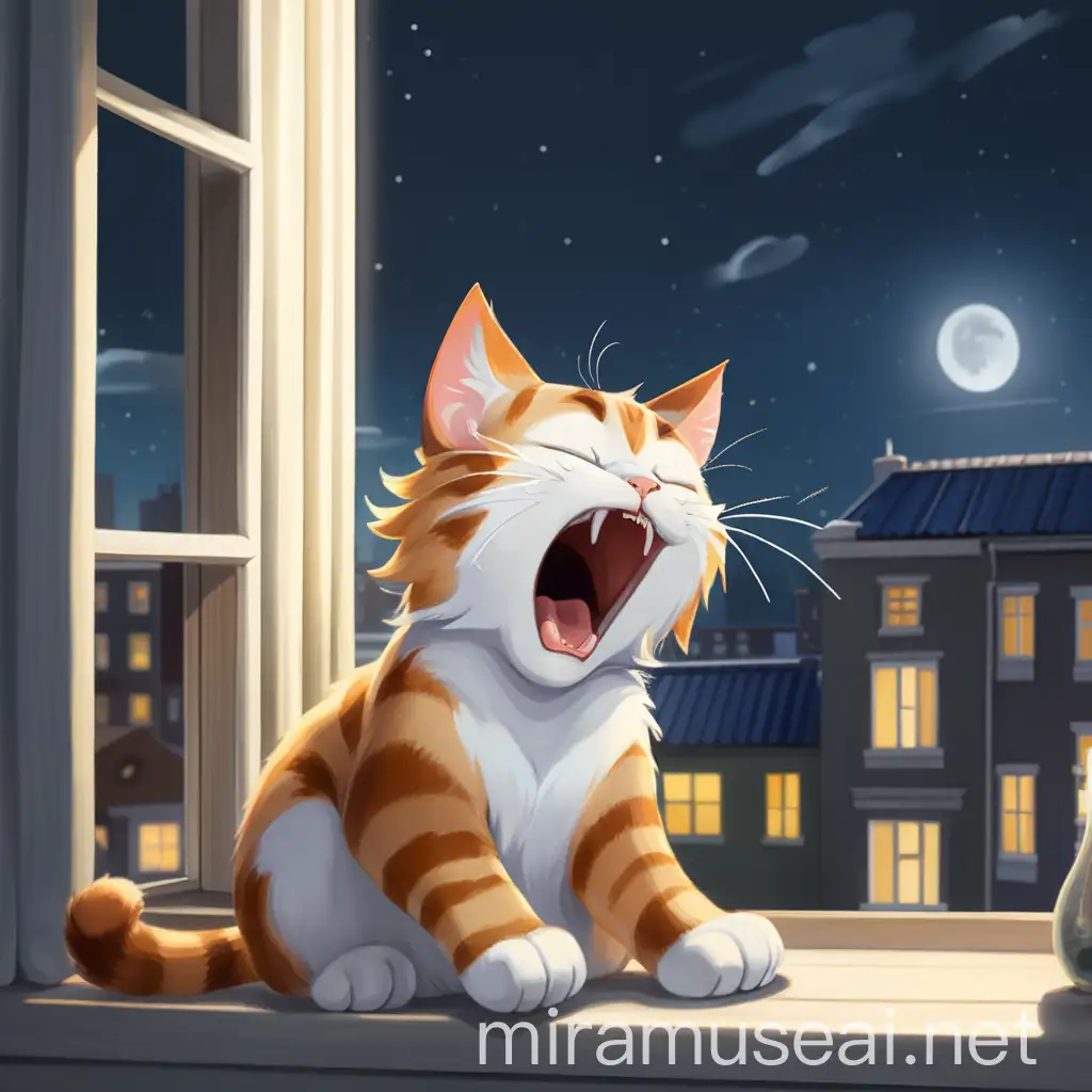 Sleepy Cat Yawning by the Window at Night
