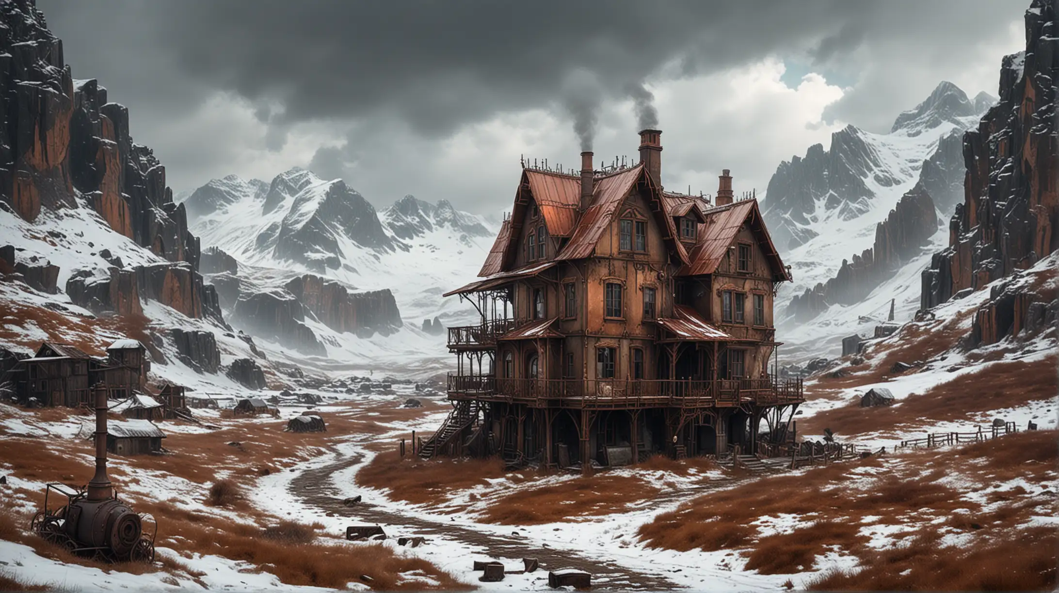 A lonely half ruined steampunk house in a valley between high mounts with snow ot their tops, copper and wood, cold and cloudy
