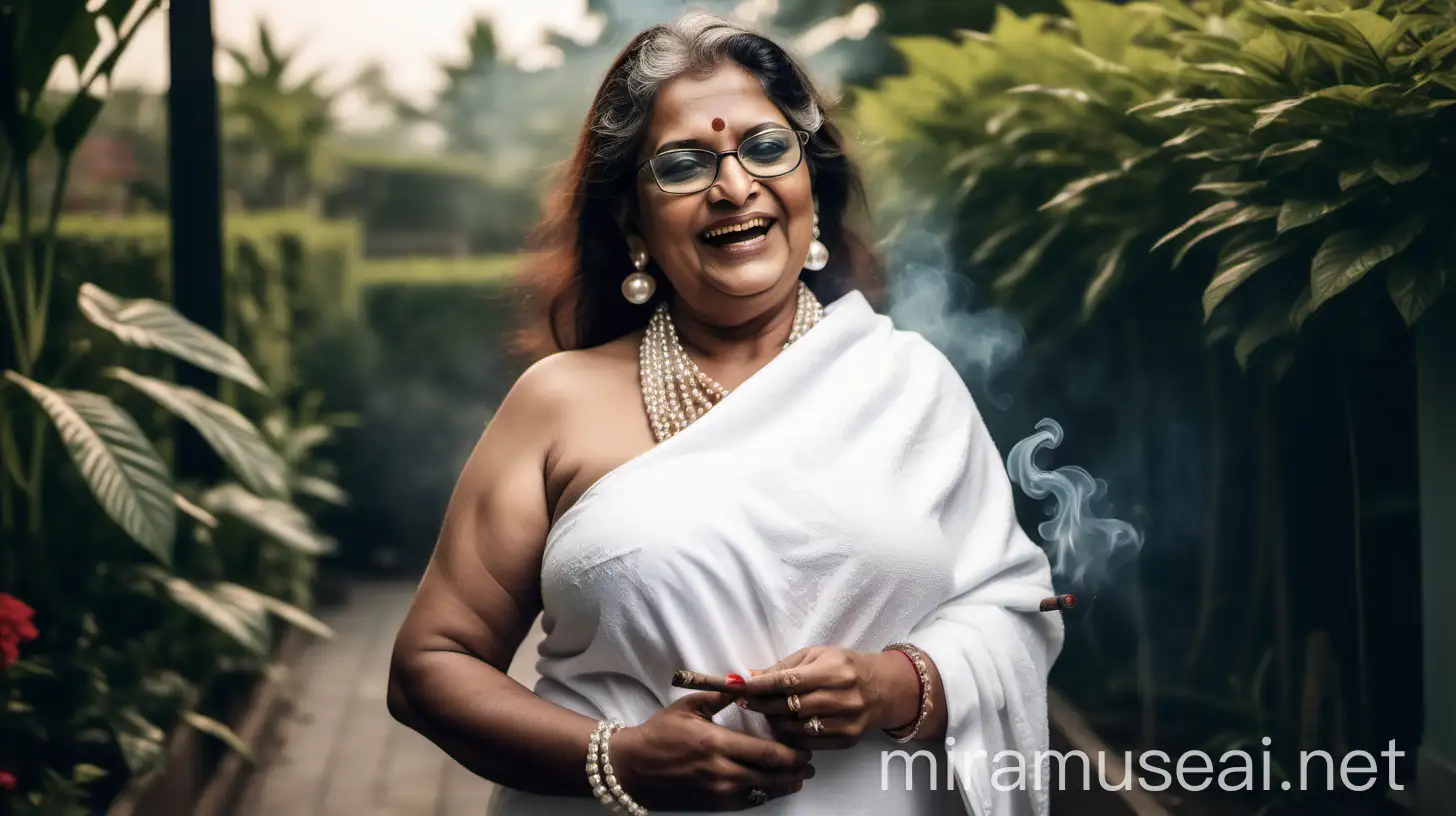 a indian mature  fat woman having big stomach age 49 years old attractive looks with make up on face ,binding her high volume hairs, wearing metal anklet on feet and high heels, smoking a burning cigar  in her hand , smoke is coming out from cigar  . she is happy and smiling. she is wearing pearl neck lace in her neck , earrings in ears, a power spectacles on her eyes and wearing a  white velvet towel on her body. she is standing a luxurious  garden with many cats in a garden and its evening time. show full body