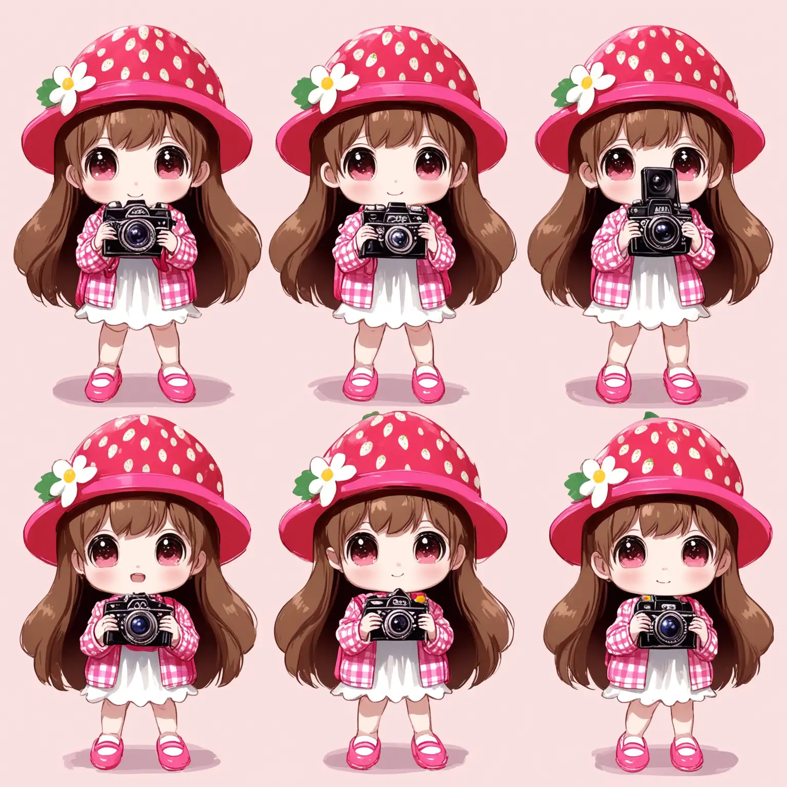Q version small person three views, character wearing bright red strawberry theme hat (with small white flowers), brown long hair, holding a camera, wearing bright pink checkered jacket, white dress, carrying a pink small bag and wearing bright pink shoes. Background is pink.