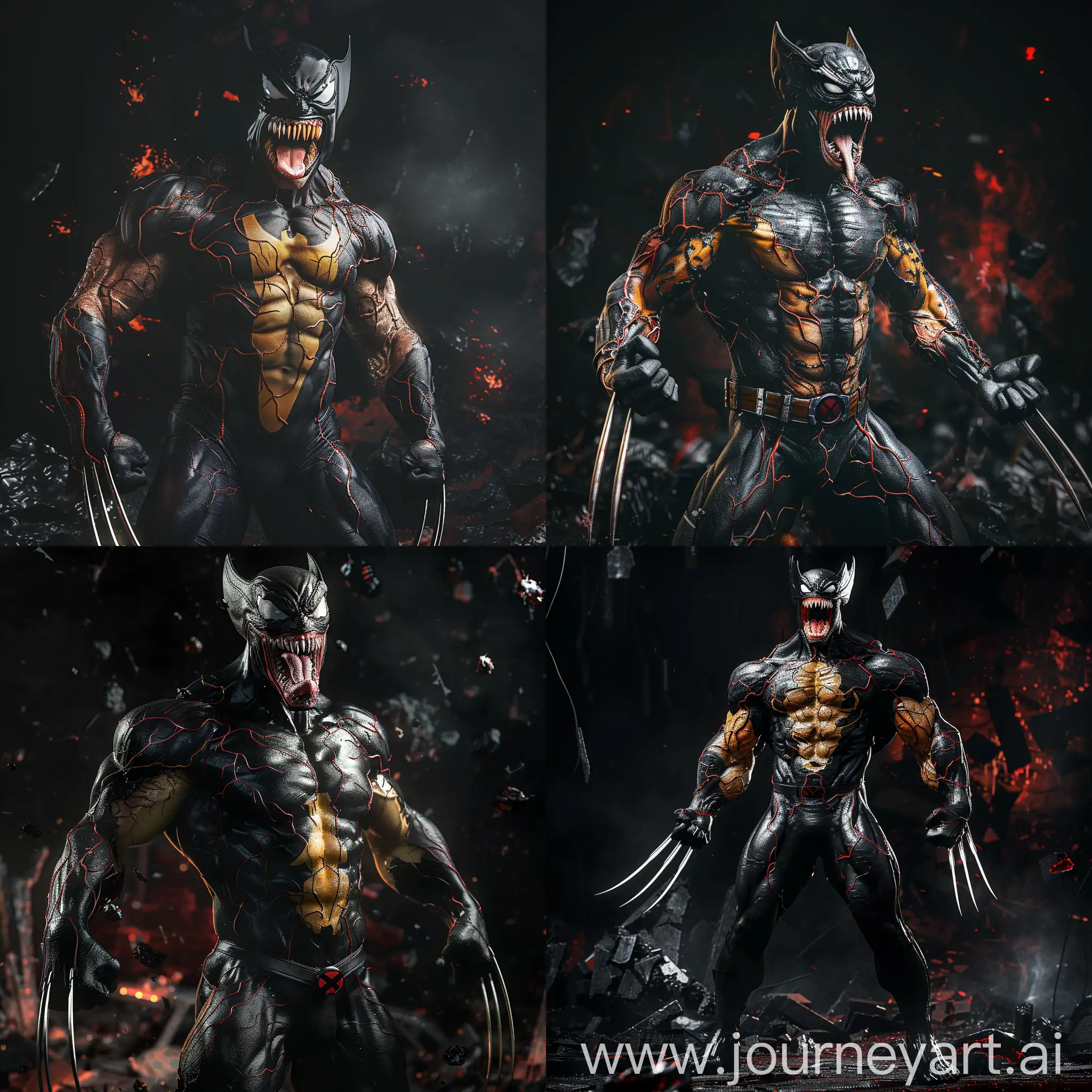 Dynamic pose, Marvel Wolverine as Marvel Venom, open mouth, veiny and large muscles, looking at camera, black and red shades of background, standing semi-sideways, full body pose, realism, ultra-detailed dark background with destruction, cinematic, 8k, hd