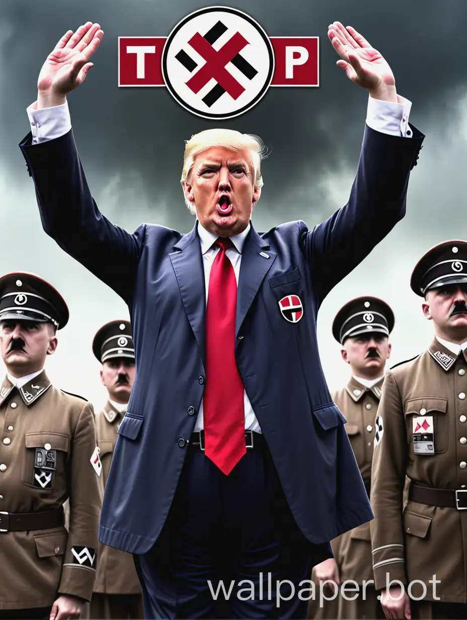  Donald Trump as Adolf Hitler, Nazi officers uniform, large red tie with swastikas on it, made a Nazi salute. With the words "Trump for President 2