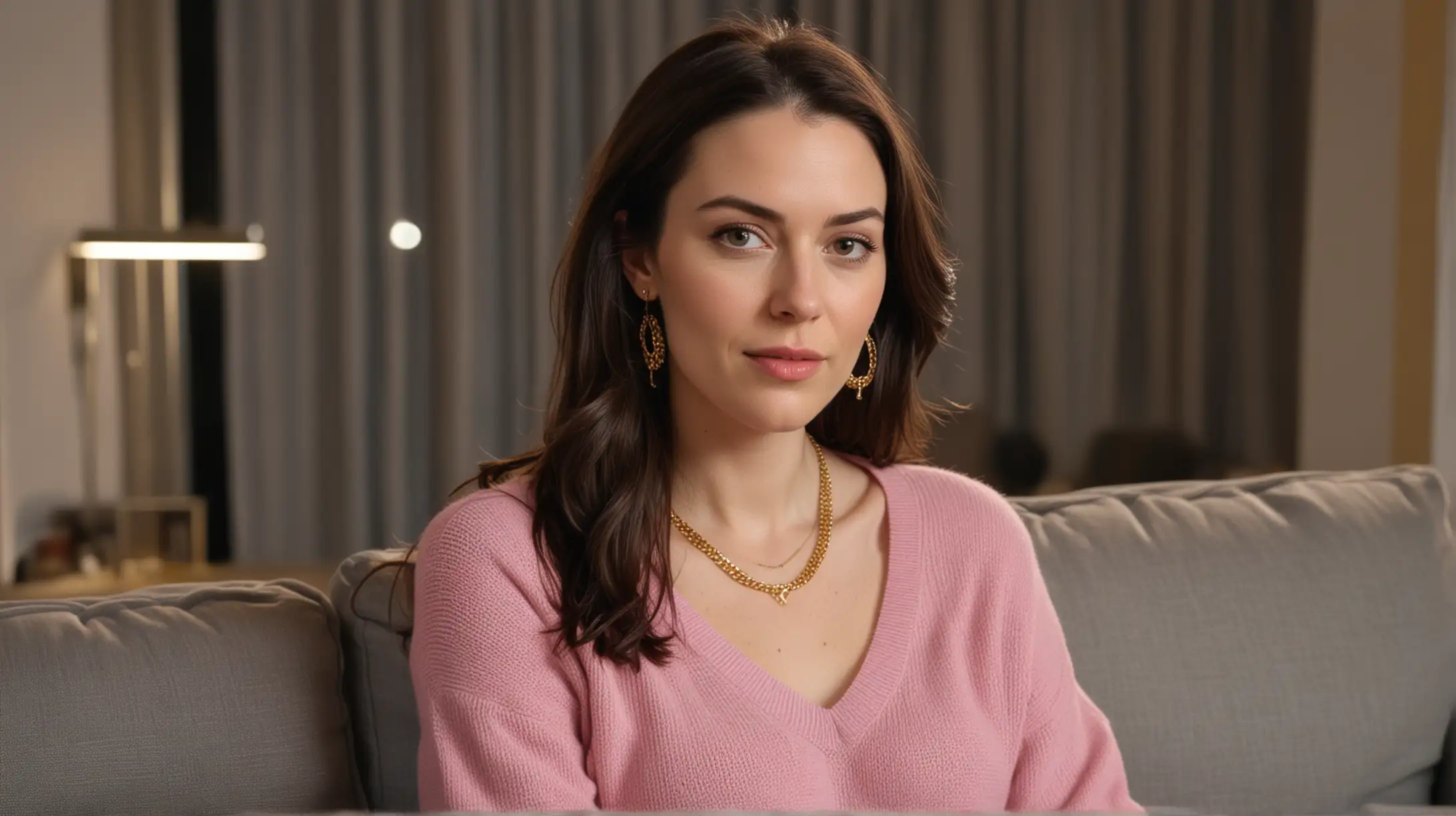 Closeup of 30 year old pale white woman with long dark brown hair parted to the right, wearing a pink sweater and gold necklace and earrings, sitting on a gray couch, modern high rise urban apartment background late at night