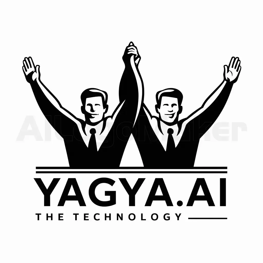 a logo design,with the text "Yagya.ai", main symbol:two men cheering up with two arms up and joining one hand with each other, facing front,complex,be used in Technology industry,clear background