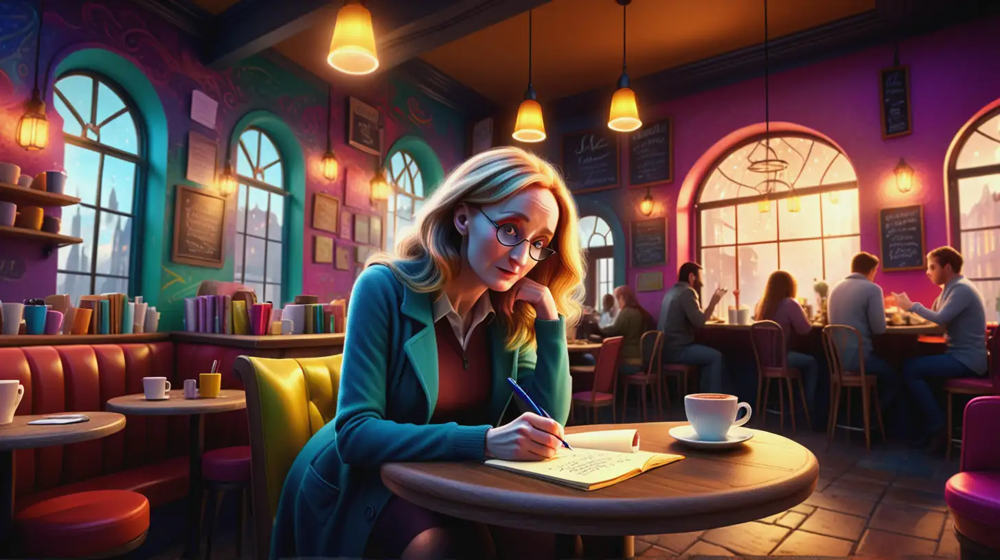 Create a highly detailed, fantastical style image with vibrant colors and dramatic, soft lighting. The scene should have an immersive, magical atmosphere with intricate backgrounds and glowing, radiant elements. An animated depiction of J.K. Rowling writing in a cafe, surrounded by rejection letters..