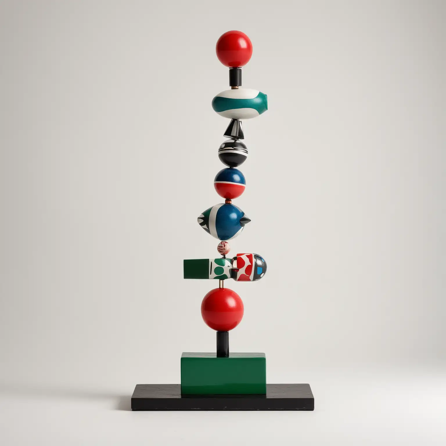 abstract minimalist totem balance sculpture consist of  5 different parts of different shapes and patterns, big and small parts, color green, red, black, white, blue, different materials,  idea of circus, white background 