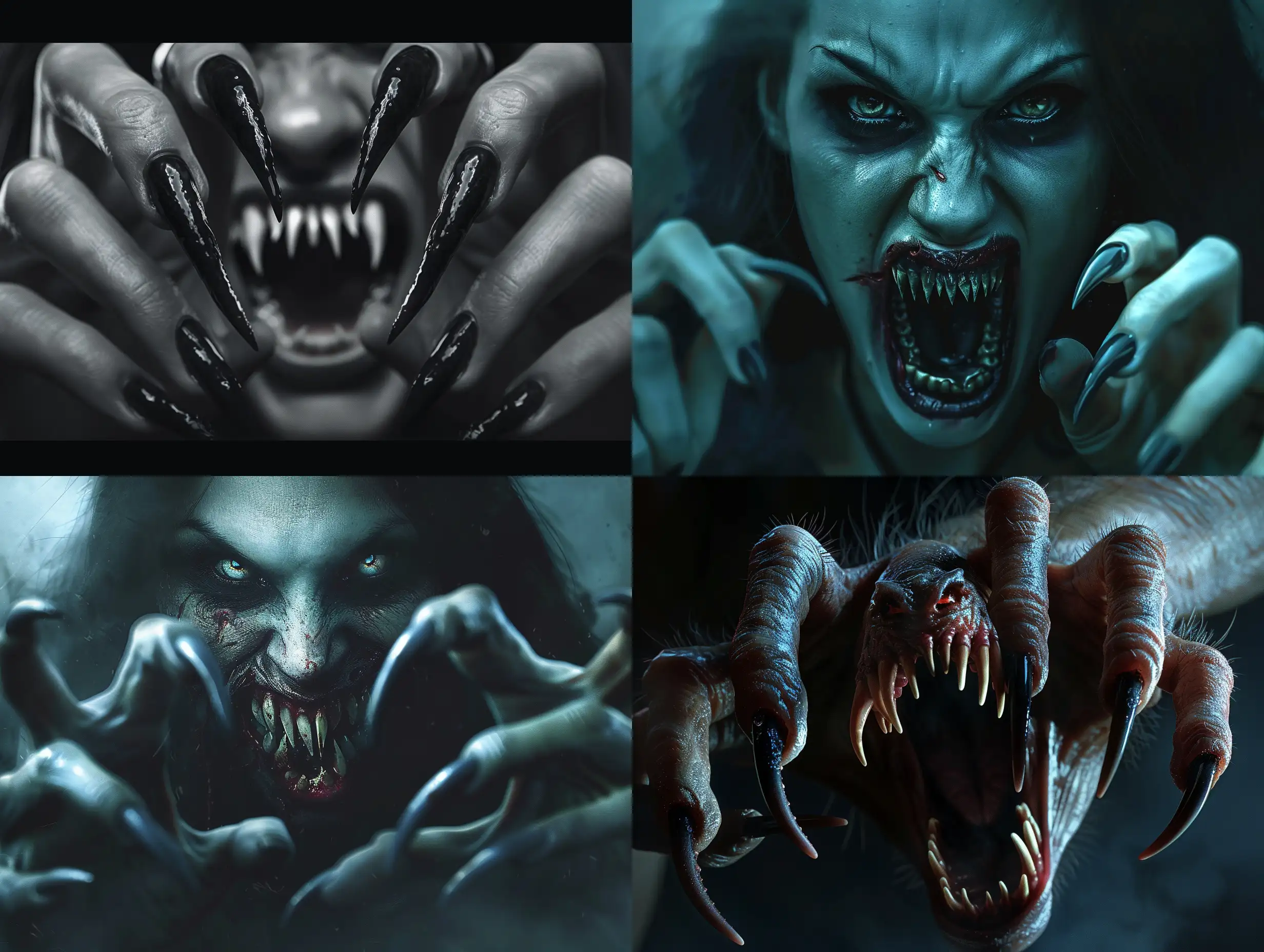 Photorealism nightmare scene of a monstrous female vampire with long, curved, pointed nails, exuding an aggressive and terrifying presence. Her pointed, crooked teeth form a scary expression amidst a dark and atmospheric setting. The high-quality depiction should capture the aggressive attack, emphasizing her predatory fangs and detailed nails in a hyper-realistic manner. The lighting should contribute to the horror atmosphere, ensuring a full-body portrayal with realistic hyper-detail. The character design should convey a playful yet menacing quality, with full anatomical accuracy including distinctly human hands with five fingers. The final image must be very clear without flaws, portraying the vampire with unparalleled photorealism.
