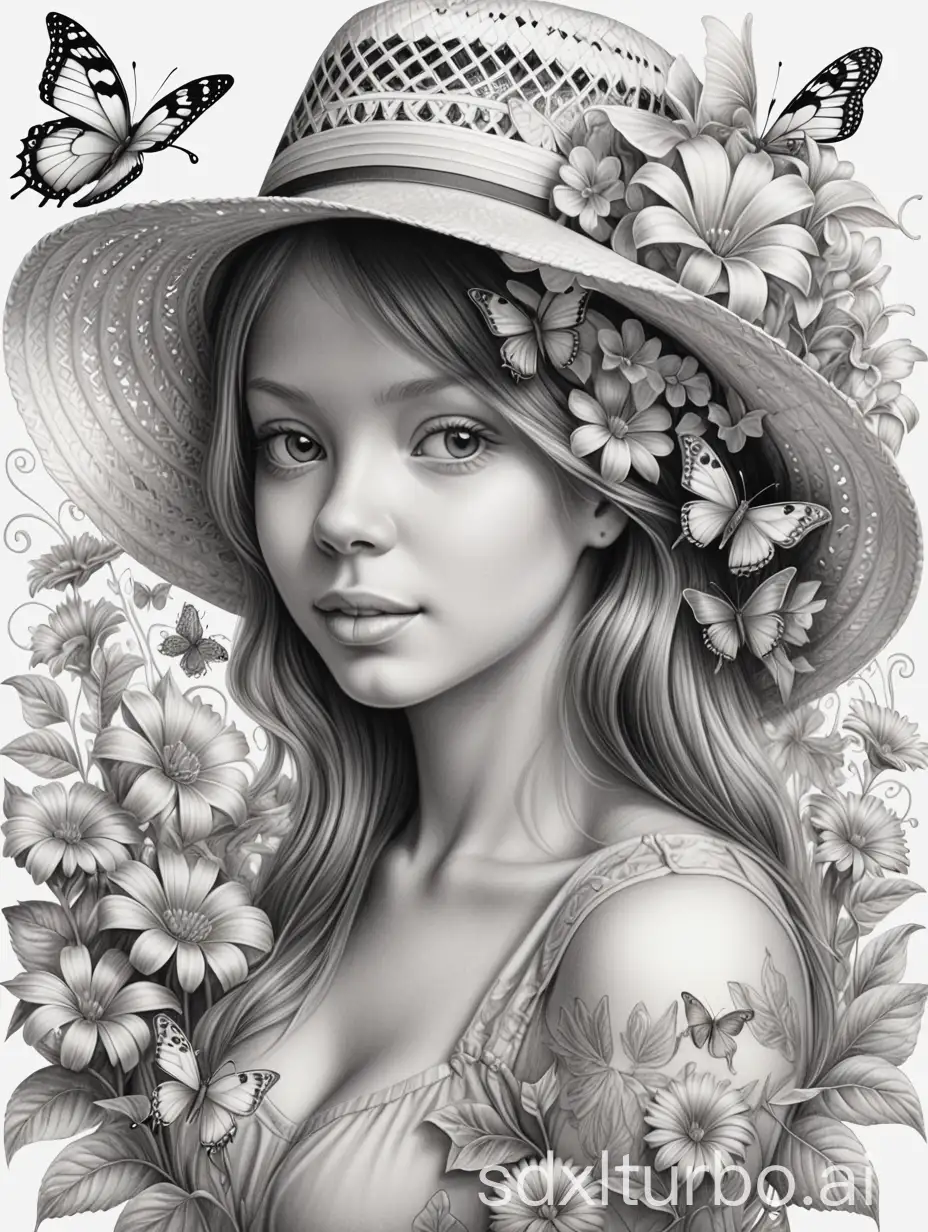 Bleistiftportrait einer jungen Frau mit Strohhut Blühten und Schmetterlingen,  filigran, sehr detailreich, ultrahochauflösend