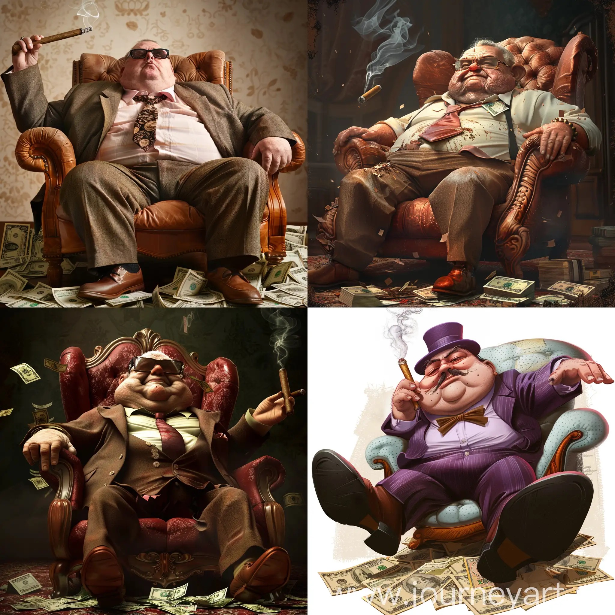 Сгенерируй картинку толстого богатого дяди который курит сигару сидя на деньгах