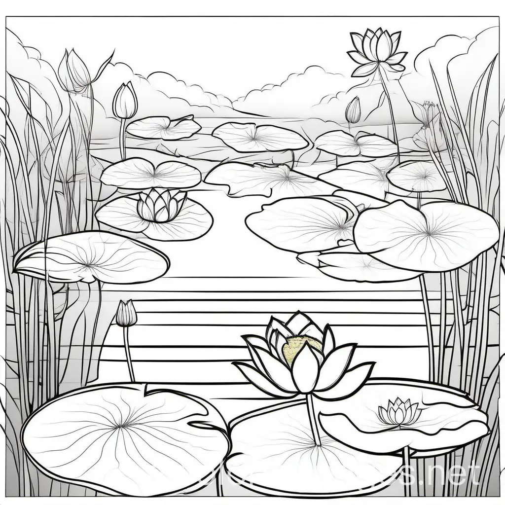 Tranquil Lotus Pond, Coloring Page, black and white, line art, white background, Simplicity, Ample White Space. The background of the coloring page is plain white to make it easy for young children to color within the lines. The outlines of all the subjects are easy to distinguish, making it simple for kids to color without too much difficulty