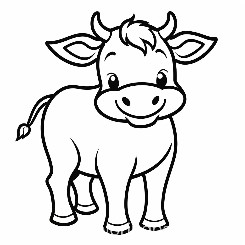 happy cute cow animal , Coloring Page, black and white, bold line art, white background, Simplicity, Ample White Space. The background of the coloring page is plain white to make it easy for young children to color within the lines. The outlines of all the subjects are easy to distinguish, making it simple for kids to color without too much difficulty, Coloring Page, black and white, line art, white background, Simplicity, Ample White Space. The background of the coloring page is plain white to make it easy for young children to color within the lines. The outlines of all the subjects are easy to distinguish, making it simple for kids to color without too much difficulty