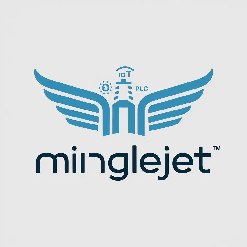 a logo design,with the text "MingleJet", main symbol:your wings to carry customer grew up, Industry IOT, Factory, PLC, use Sky blue color theme,Moderate,be used in Technology industry,clear background, like embed in gem,Minimalistic,be used in Technology industry,clear background