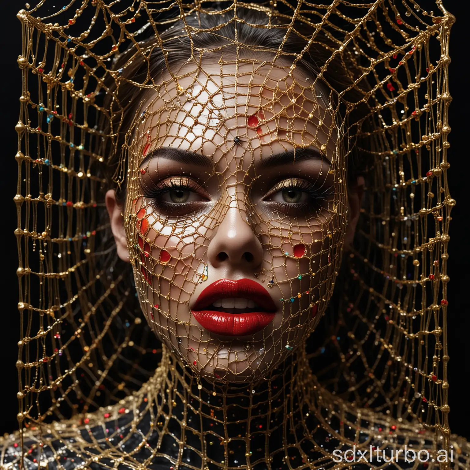 Create an image featuring a three-dimensional, rainbow colour, glossy humanoid face with spider net an open mouth lips with red lipstick and visible teeth, set against a black background. The face is framed by a complex, honeycomb-like structure with batik fractal liquid splashing golden nodes at the intersections. The overall aesthetic is futuristic and surreal. background dark batik fractal design