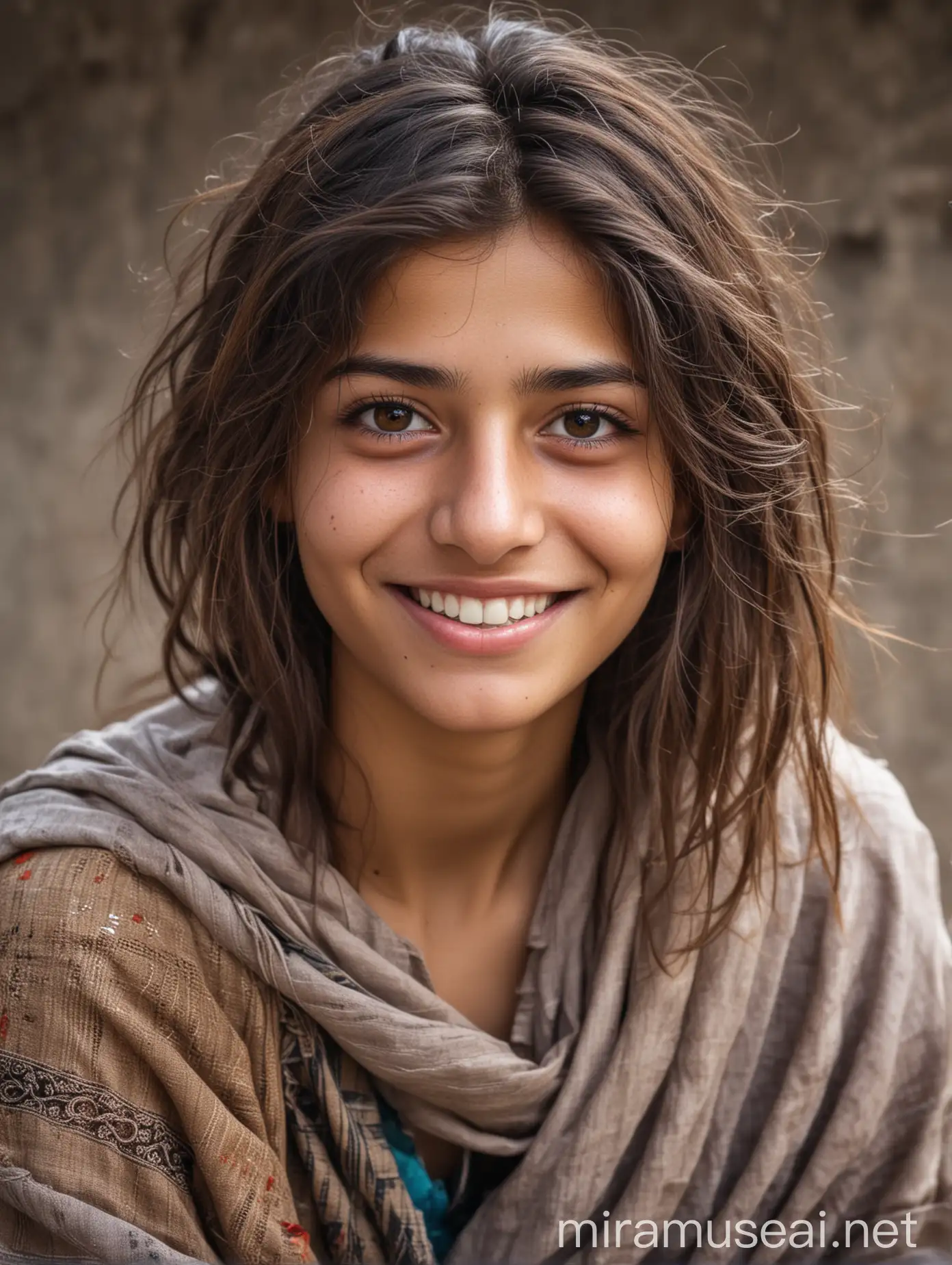 Pakistani beggar 20 year girl, beautiful and cute  face facing the camera , smile,full photo, model hair 