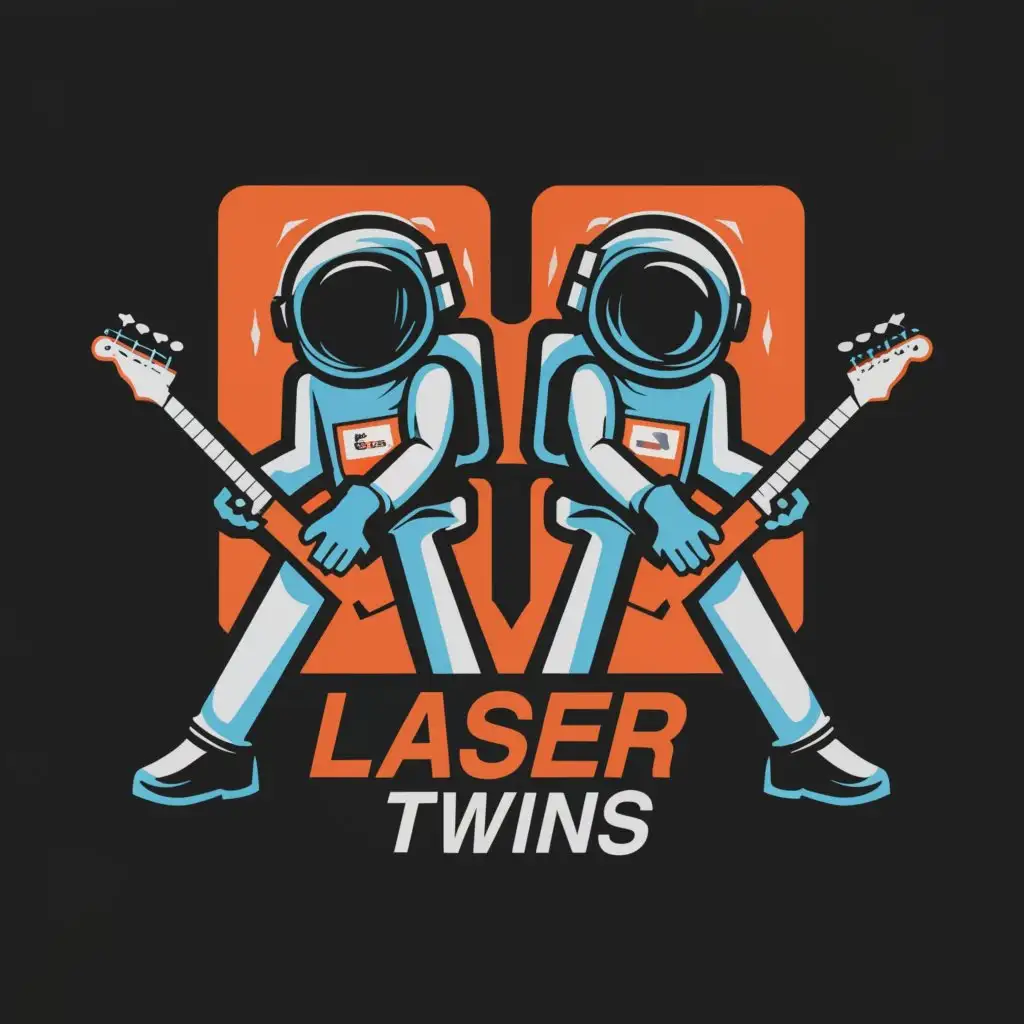 a logo design,with the text "laser twins", main symbol:A square picture with the image of two astronaut twins, dressed in spacesuits, standing next to each other and holding guitars]

[The inscription "Laser Twice" is written in red, green and blue, located under the image of the twins],Moderate,be used in musical group industry,clear background