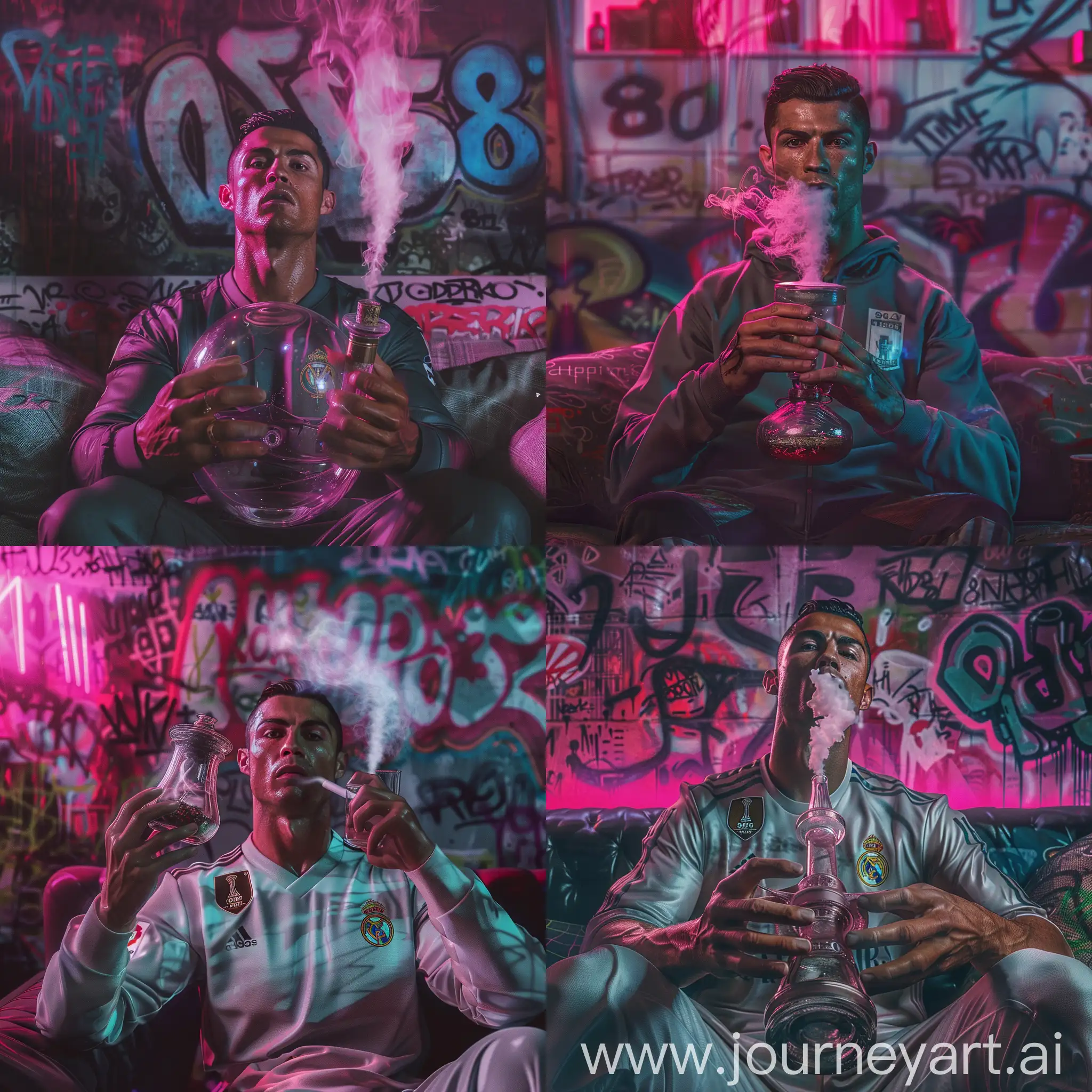 Кристиано Роналдо держит в руках бонг, дым из рта, 8к, супер детализация, гипер реализм, сидит на диване, задний фон наркопритон, граффити, розовый свет, HDR