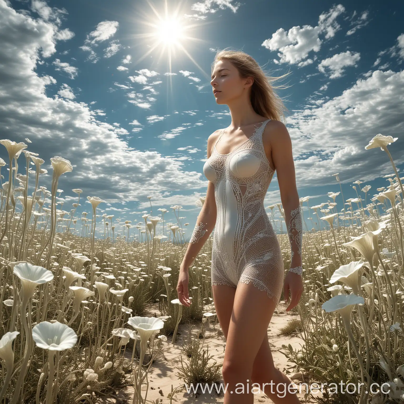 The sky is clear, a few clouds can be seen, A strong summer wind bends the plants of an alien landscape of enlarged Fractals, Diatoms and mostly distorted Radiolara, real look hand,longger straight leg beauty woman, Add some discrete places in the foreground for people to add later, Show depth,