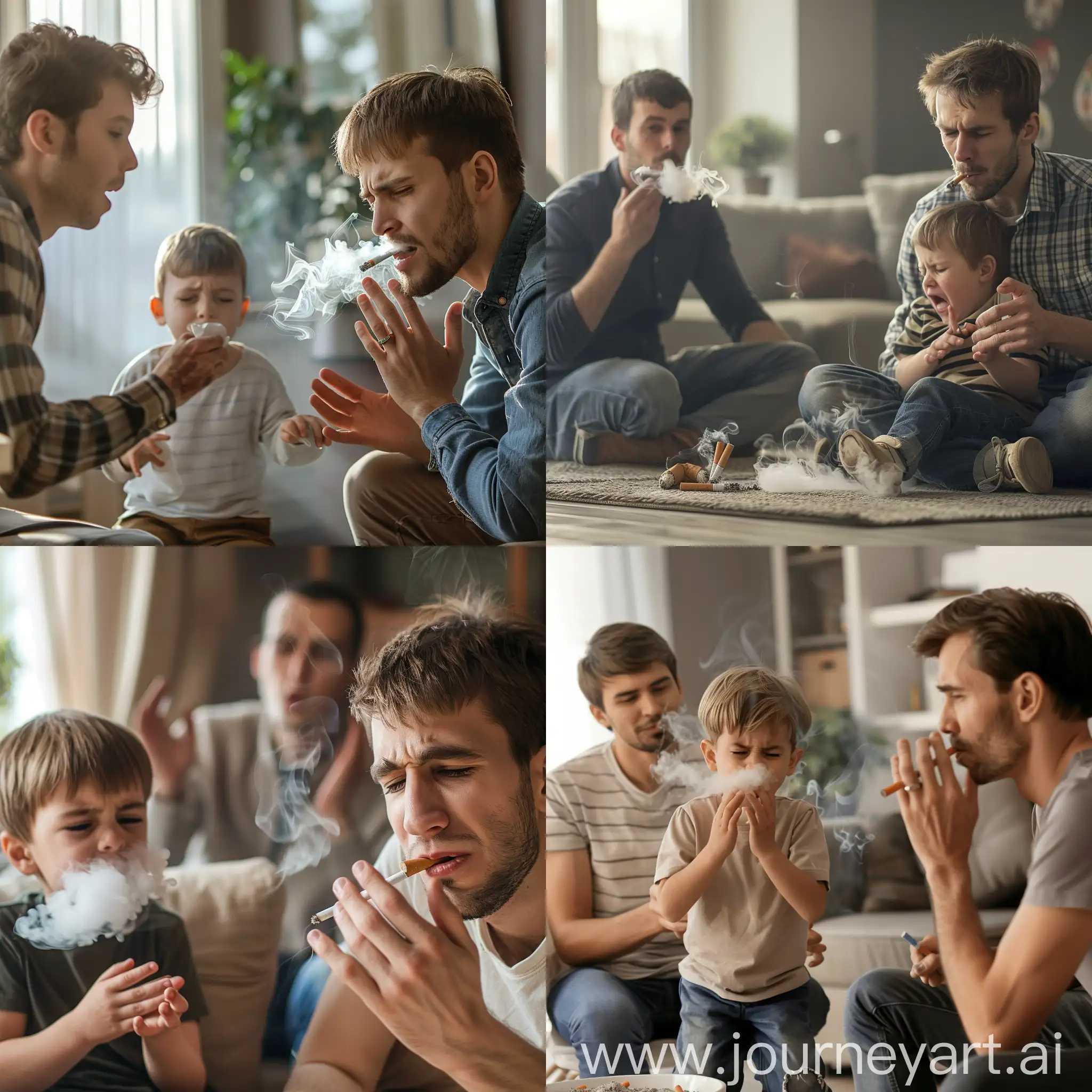A family while young boy is playing and coughing from smoke and this father is holding a cigarette 