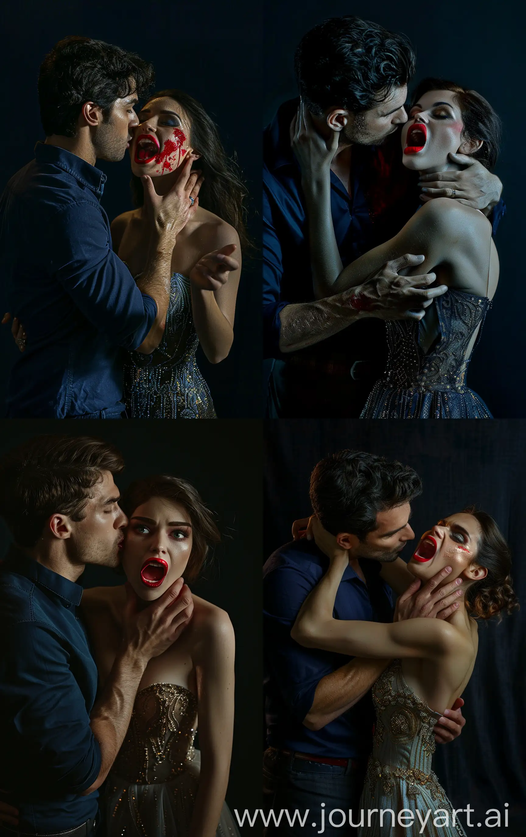 a man in a dark blue shirt holds by the face a beautiful woman with open mouth with red lipstick and in an evening dress, he wants to kiss her, dark background , cinematic, hyper realistic, photo realistic --ar 10:16
