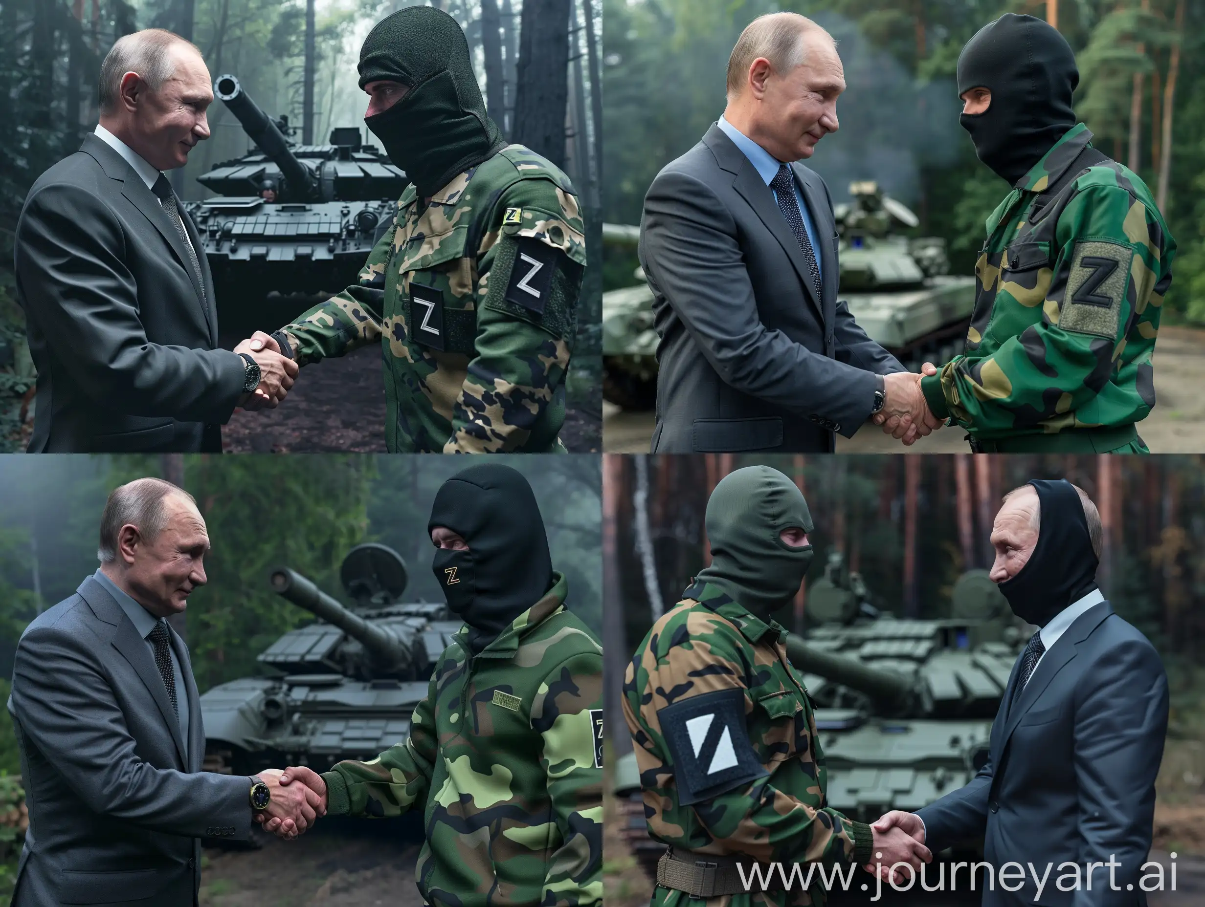 Владимир Путин в деловом костюме, жмёт руку мужчине в зеленой камуфляжной одежде, черная балаклава, нашивка Z, задний фон танк, лес, острый фокус, гипер реализм, супер детализация, 8к