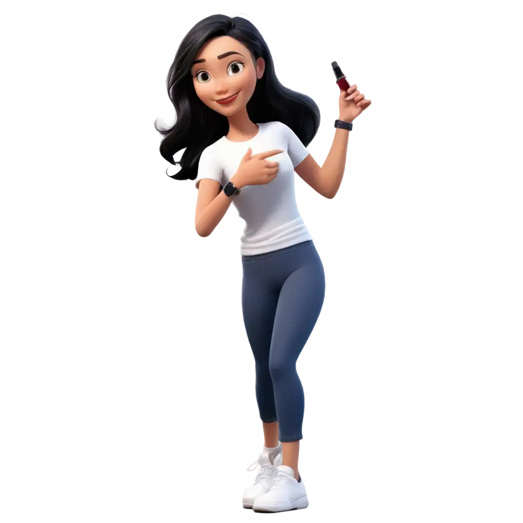 Personagem menina do Divertida Mente, estilo Disney Pixar, 3D, alta, com cabelos lisos, pretos e longos na cintura, usando camiseta branca, estilo baby look, escrito no canto superior direito "Incorpus assessoria", calça legging preta, tênis de corrida azul-marinho com detalhes brancos,, , batom vermelho vinho, sorrindo, com dentes brancos e alinhados, com cara feliz, pele azul clara, usando relógio Smart wacht, com as unhas da mão pintadas de preto fundo branco, qualidade 8k, a menina esta na posição de estar fazendo apresentação