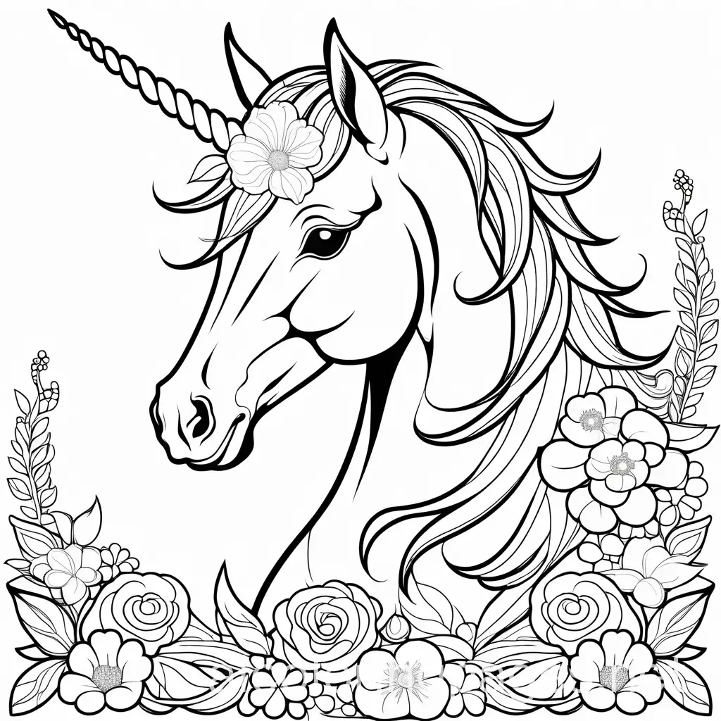 Pretty unicorn on With a crown of flowers. Plenty white space and background. Lines must be spaced out enough for easy colouring, Coloring Page, black and white, line art, white background, Simplicity, Ample White Space. The background of the coloring page is plain white to make it easy for young children to color within the lines. The outlines of all the subjects are easy to distinguish, making it simple for kids to color without too much difficulty