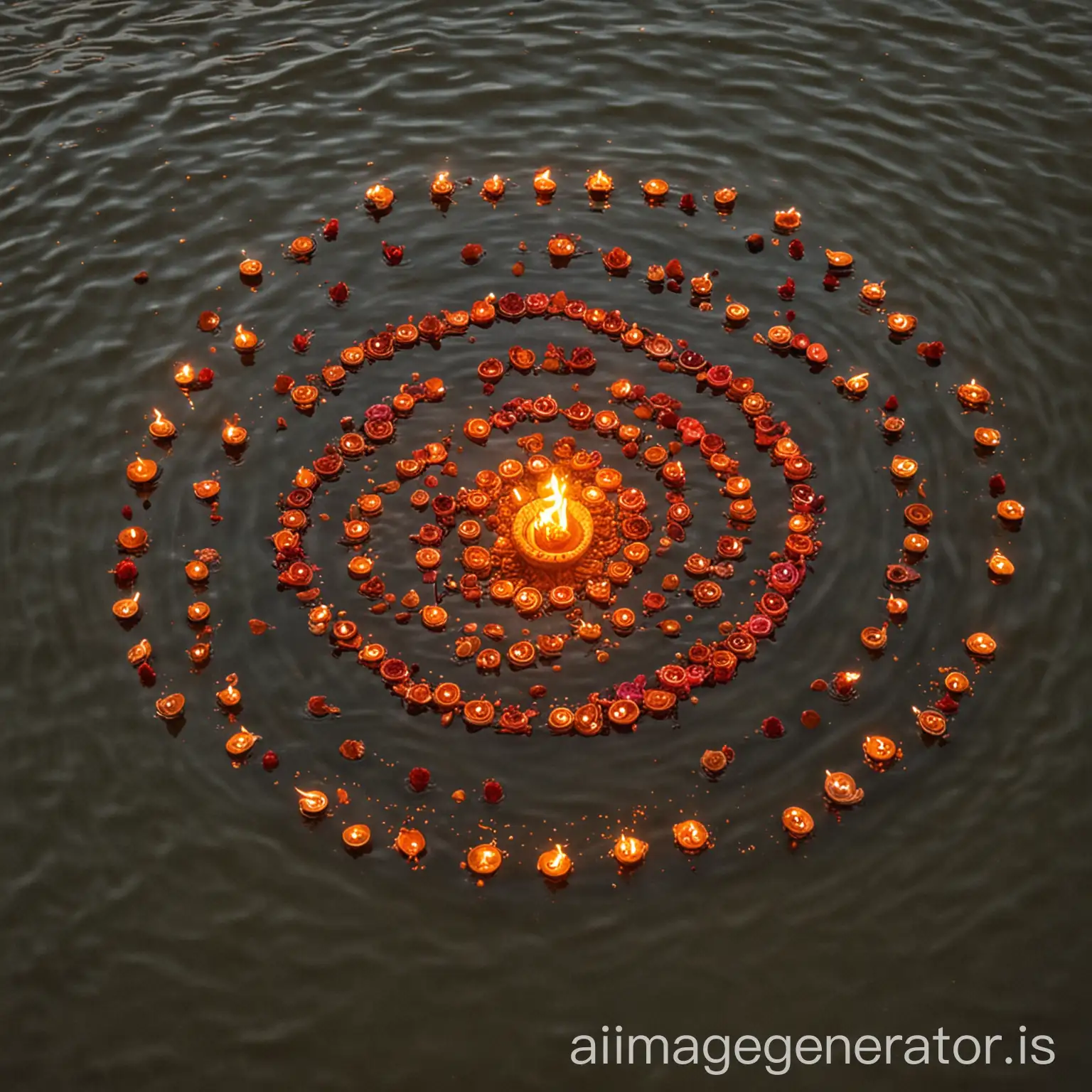 Generate an image where there are Diya’s in the river Ganga with peace as its symbol at the maha kumbh mela