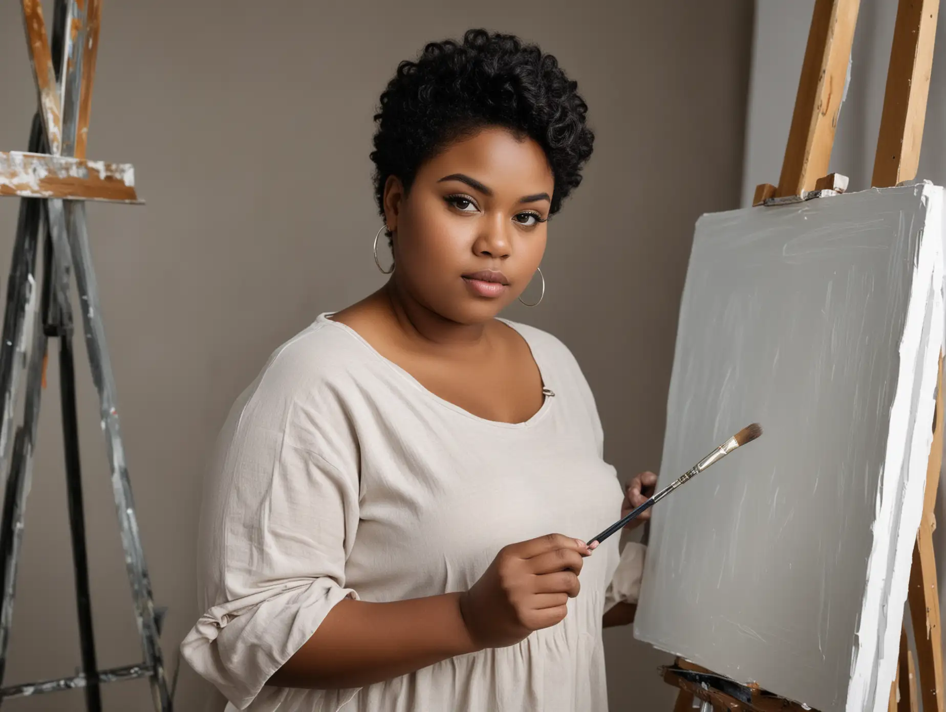 beautiful black girl, overweight, natural short black hair, painting on an easel 