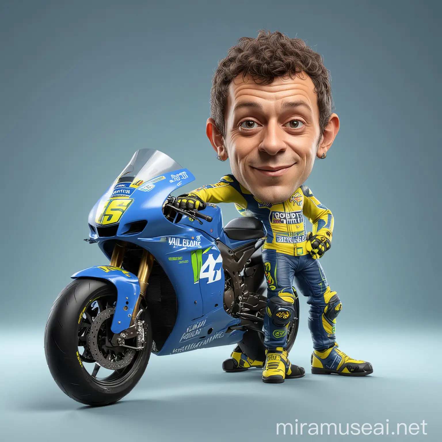 Caricature 3D Realistic Cartoon of Valentino Rossi with GP Motorbike