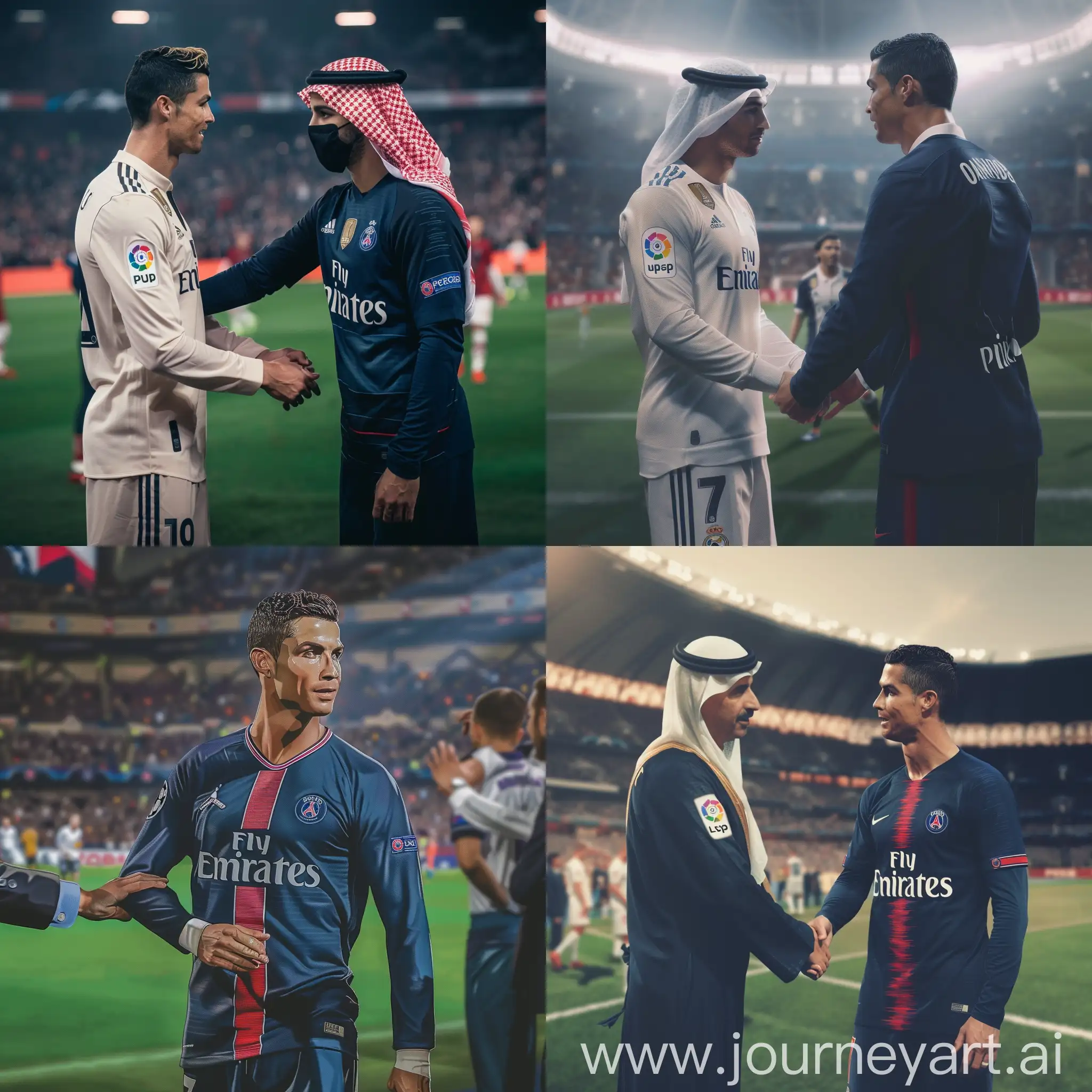 Cristiano Ronaldo in PSG football uniform, football field background, shaking hands with sheikh, realistic, sharp focus