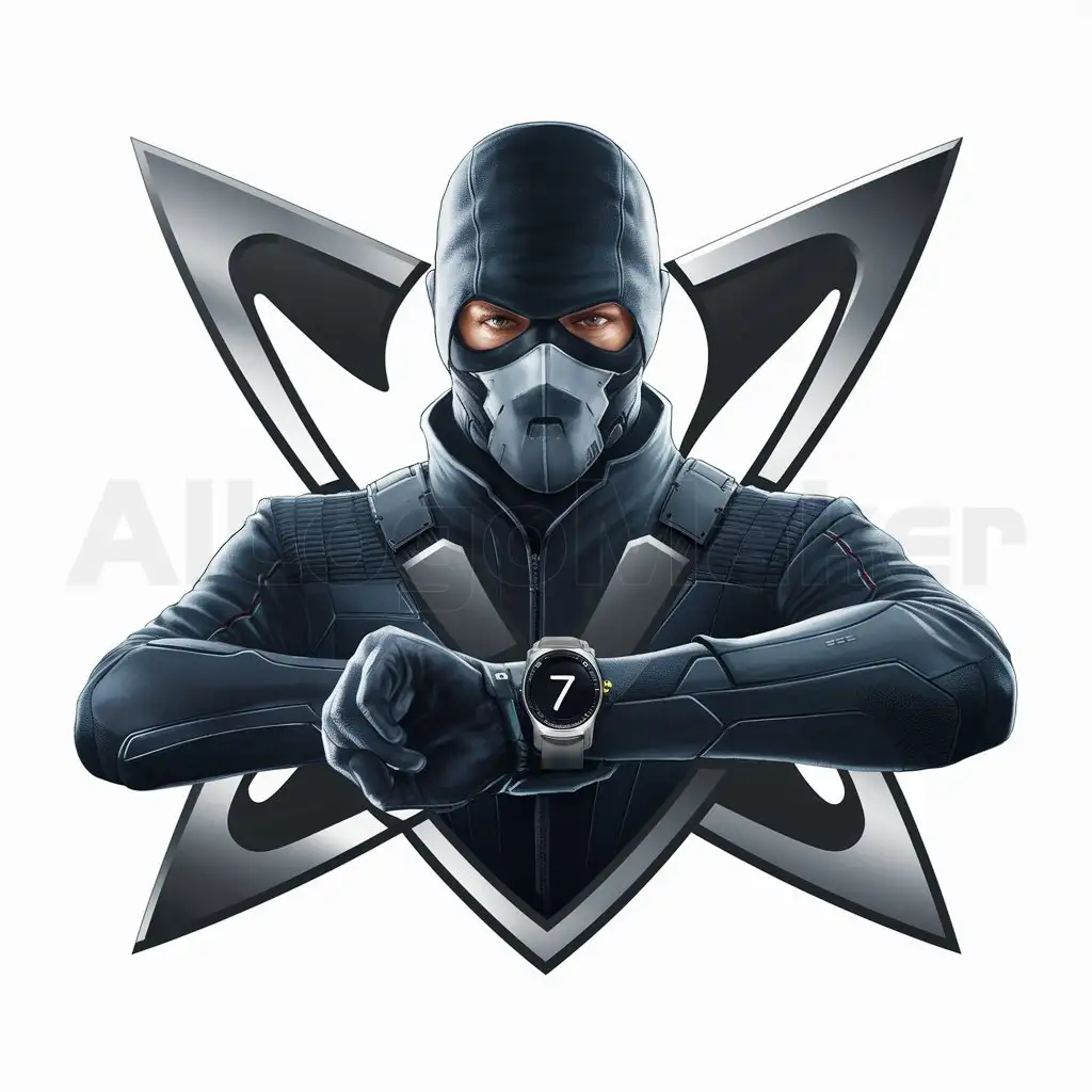 a logo design,with the text "23", main symbol:A masked man with his arms in an x shape and a smart watch in 1 hand and have number 7,Moderate,be used in Gamer industry,clear background