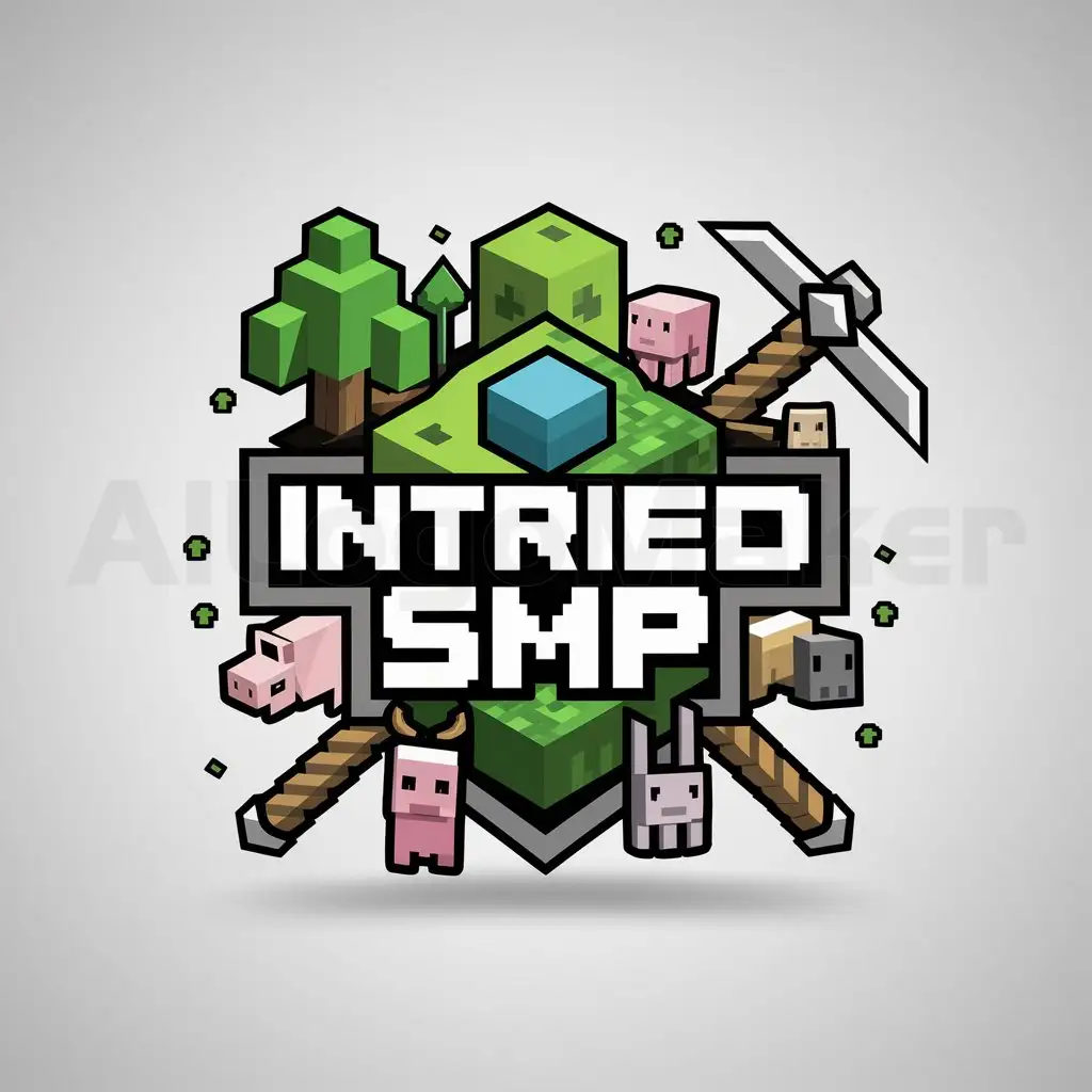 a logo design,with the text "INTRIED SMP", main symbol:Minecraft, tree, grass block, pig, cow, bat, bunny, pickaxe, sword,Moderate,be used in Minecraft industry,clear background