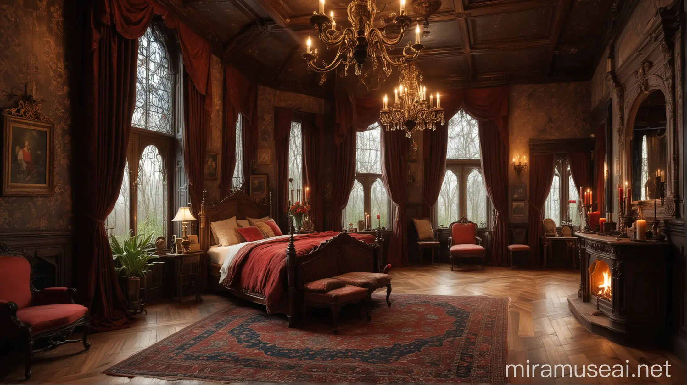 Luxurious Gothic Bedroom with Velvet Drapes and Fireplace