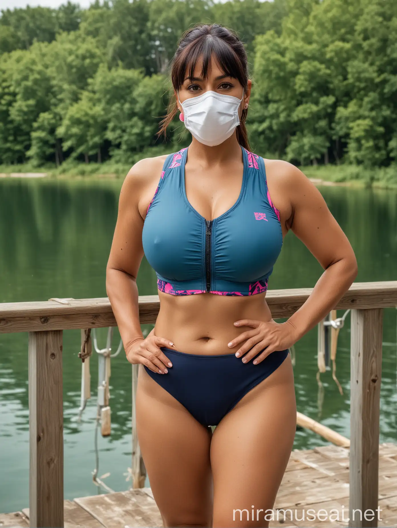 a full-bodied, buxom, bodacious, busty, indian-american woman in her 40s, with bangs and a ponytail, and a respirator mask, standing on a lakeside deck, in a padded front zip sports bra, and sexy french cut bikini bottoms, blue with pink trim