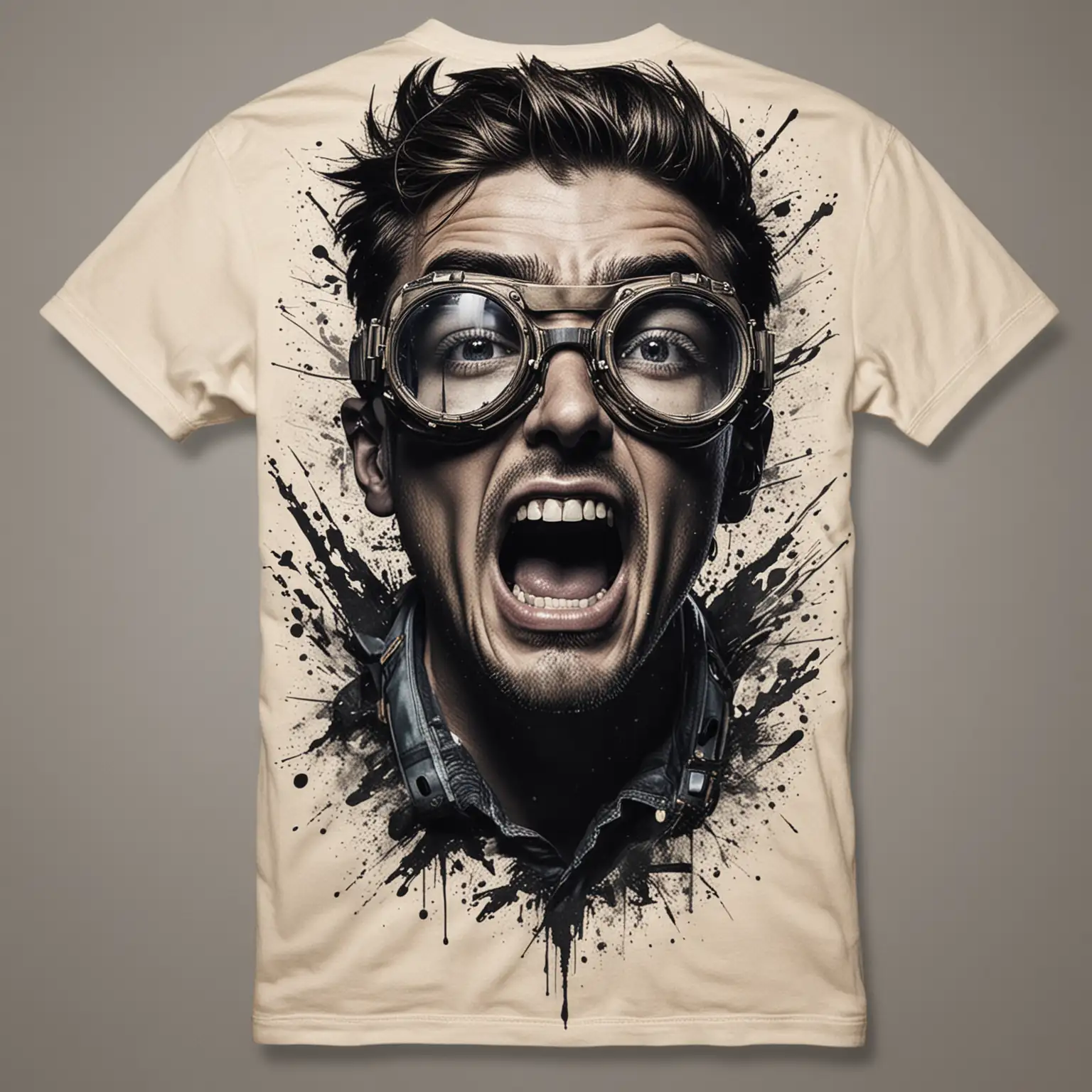 Intense Yell Man Graphic TShirt with Futuristic Goggles