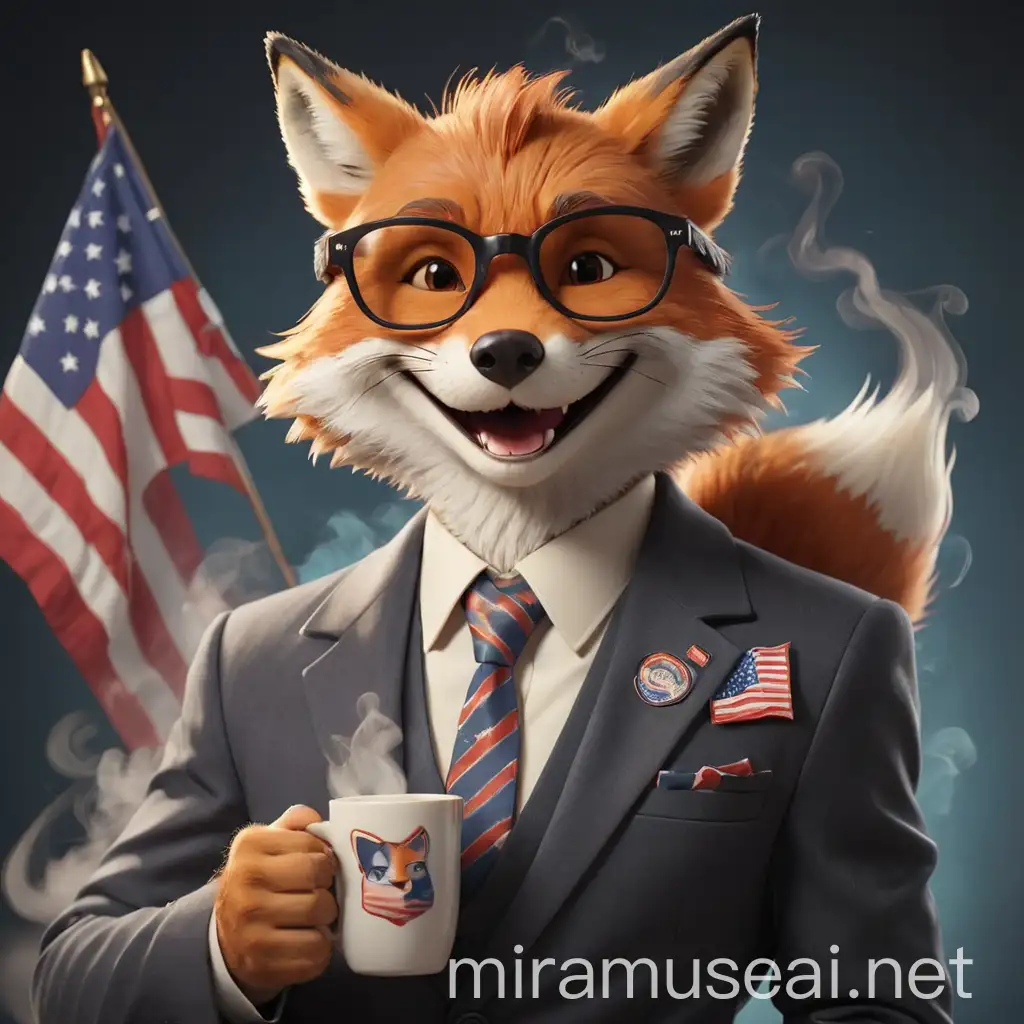 Крутой лис в очках и деловом костюме с значком американского флага ехидно улыбается держит кружку с ароматным кофе от которого идет пар