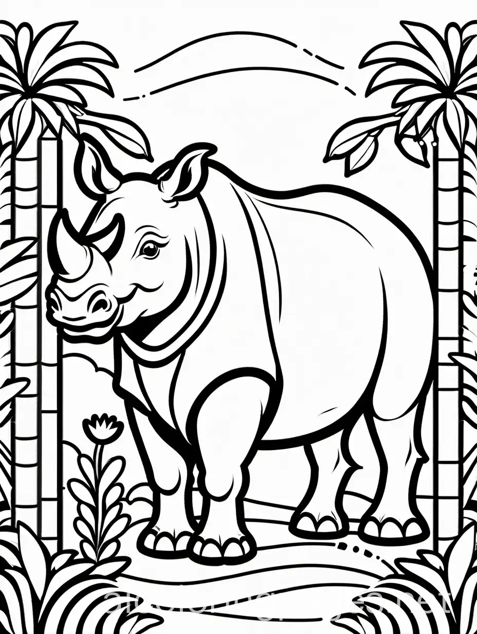 Cute Rhino in a zoo, Coloring Page, black and white, line art, white background, Simplicity, Ample White Space. The background of the coloring page is plain white to make it easy for young children to color within the lines. The outlines of all the subjects are easy to distinguish, making it simple for kids to color without too much difficulty, Coloring Page, black and white, line art, white background, Simplicity, Ample White Space. The background of the coloring page is plain white to make it easy for young children to color within the lines. The outlines of all the subjects are easy to distinguish, making it simple for kids to color without too much difficulty