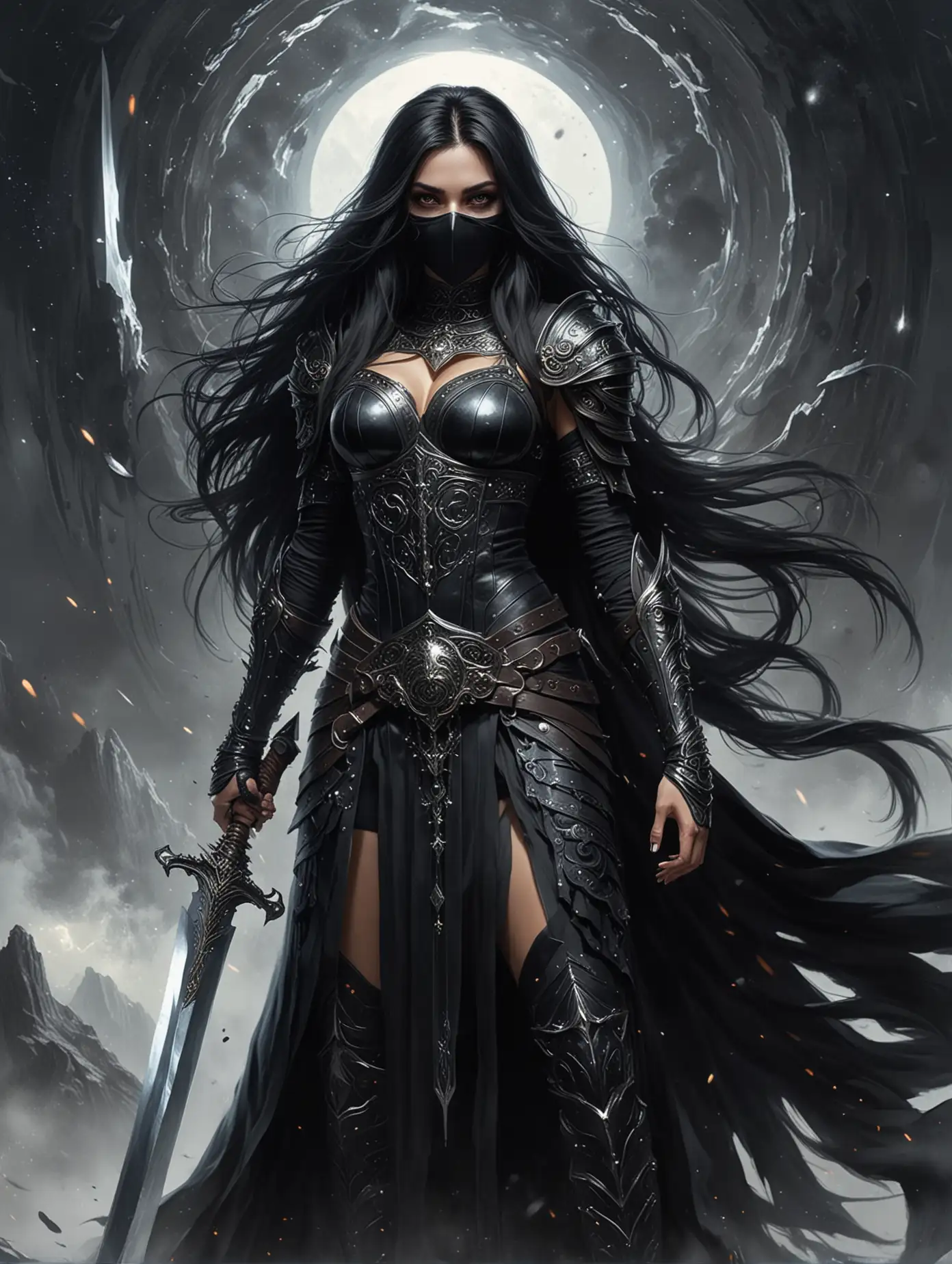 на фоне черной дыры стоит красивая женщина воин, она темная жрица в руке у нее большой меч. У женщины длинные черные волосы. На лице черная маска как украшение. На женщине одежда с доспехами черного цвета, которая развивается на ветру.