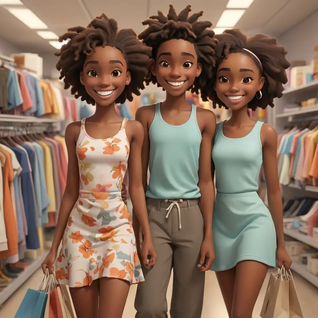 Joyful African American Teenagers Shopping for Clothes in 3D Cartoon Style
