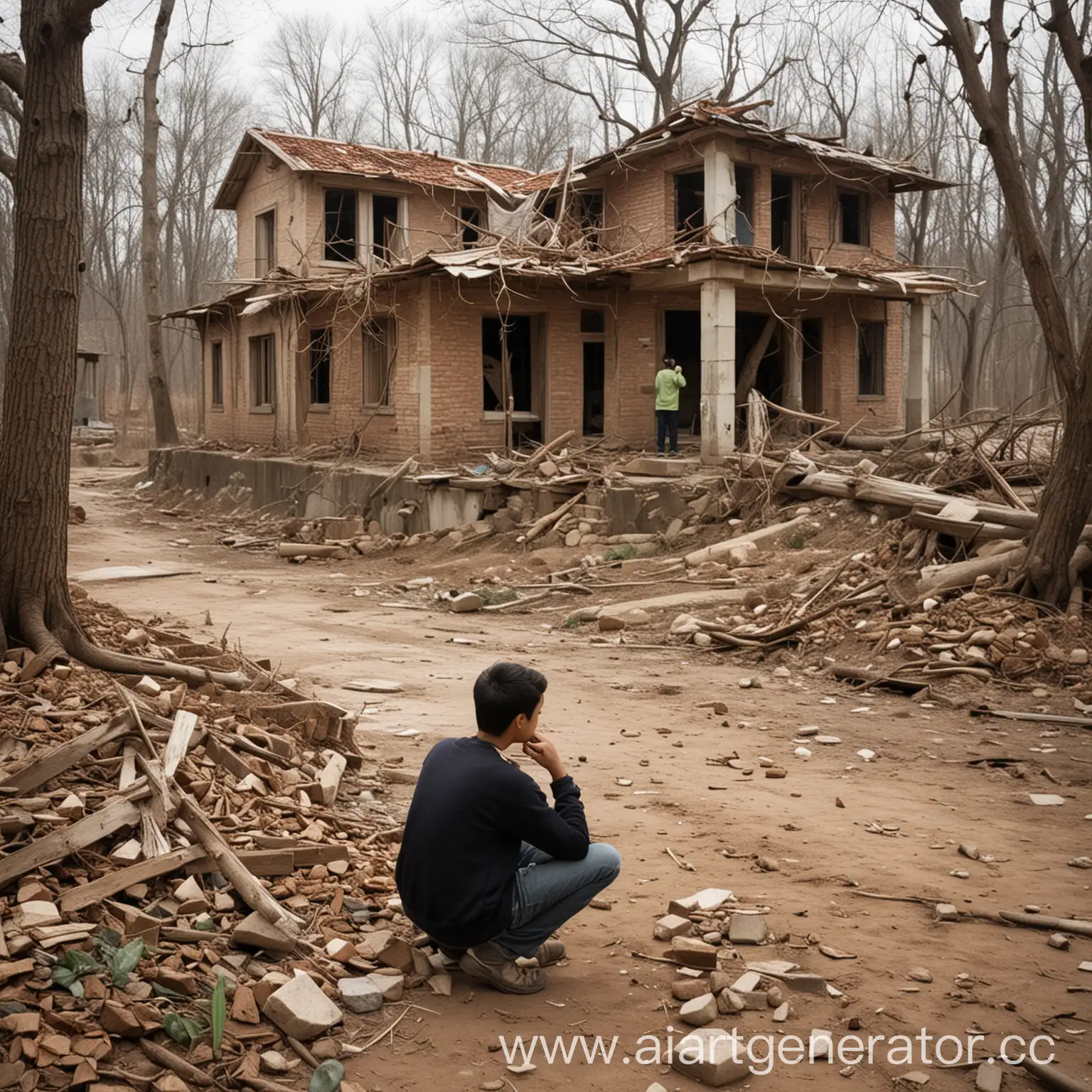 Contemplative-Man-by-Stream-near-Demolished-Abandoned-Building