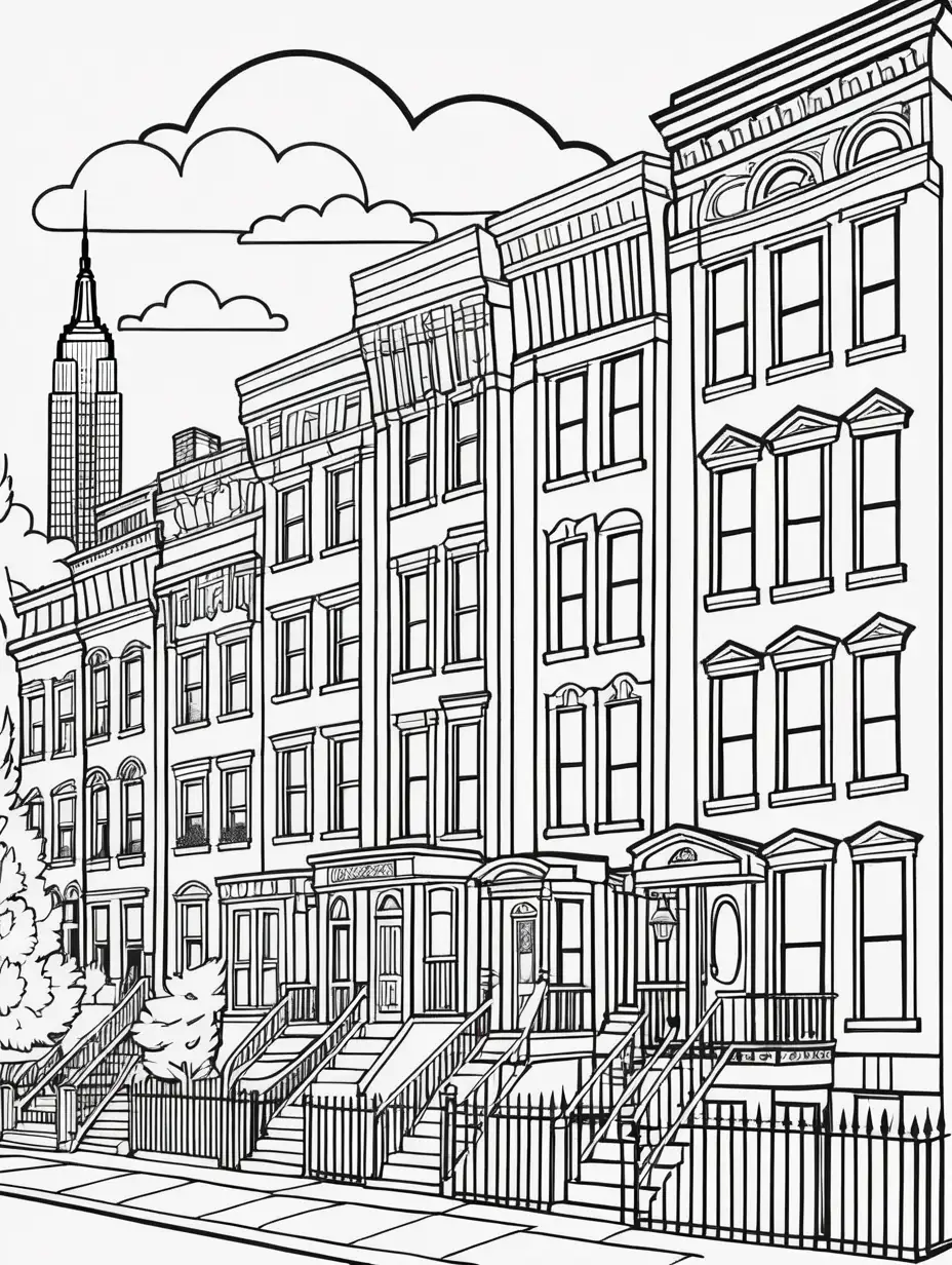 fun and playful coloring book page features a row of classic New York City townhouses in various heights and architectural styles, all outlined with clear, sharp lines for easy coloring. The full entrances to the townhouses are clearly visible. Pretty trees and flowers line the sidewalk, and a simple sky with a sun and fluffy clouds, along with the Empire State Building and city skyline, completes the distant background. Some houses are completely blank, inviting imagination, while others showcase bold, simple patterns to inspire creativity. The sharp lines throughout, especially on the architecture and details, ensure a delightful coloring experience.