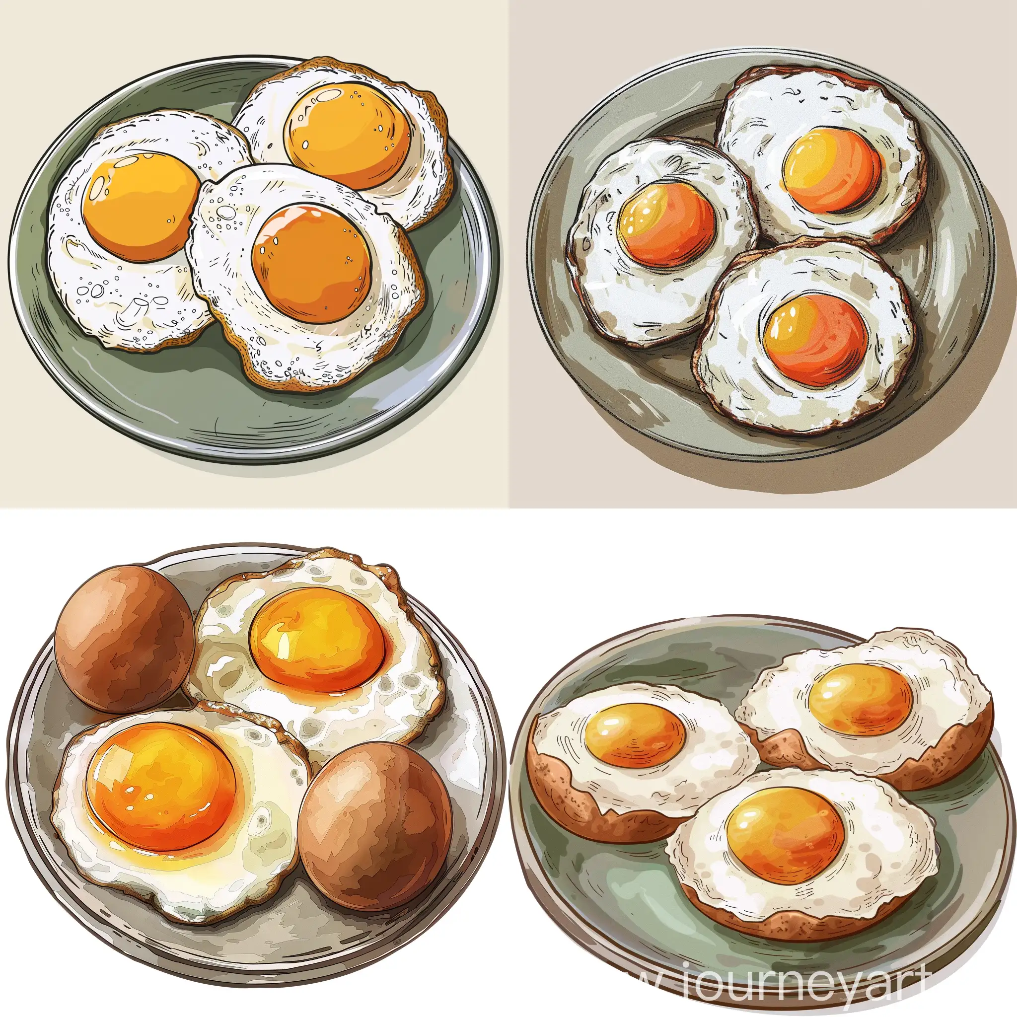 create a picture with food on a plate. 3 fried eggs in a plate