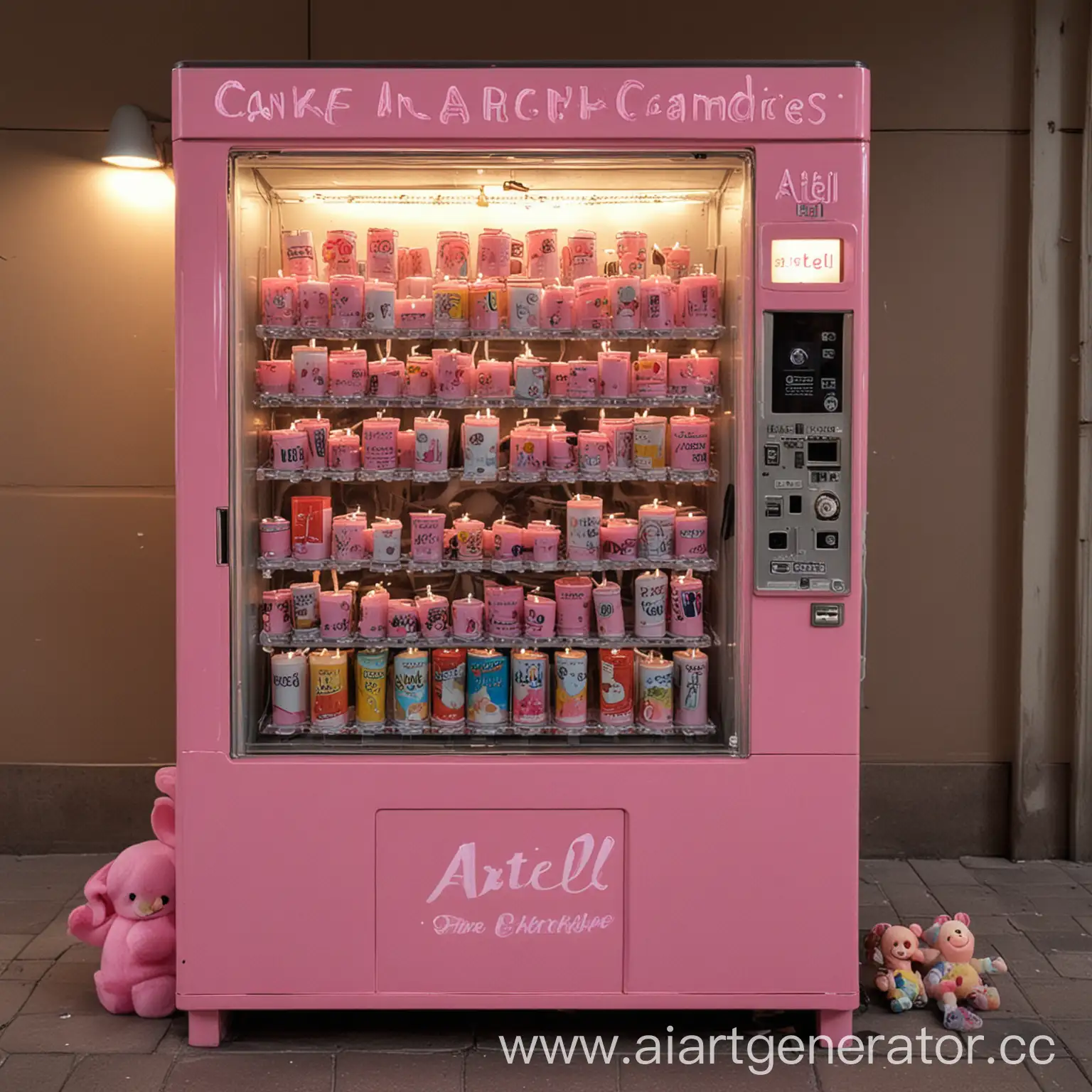 автомат с игрушками в розовом цвете наполненный свечами и сверху на автомате надпись Arteli