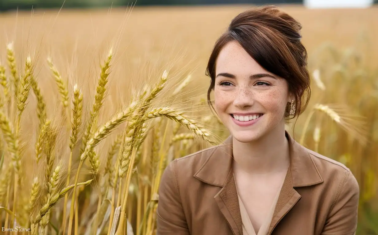 professional photo of young Emma Stone, makeup, with freckles on her face, she is happy. Russian field of wheat on a background