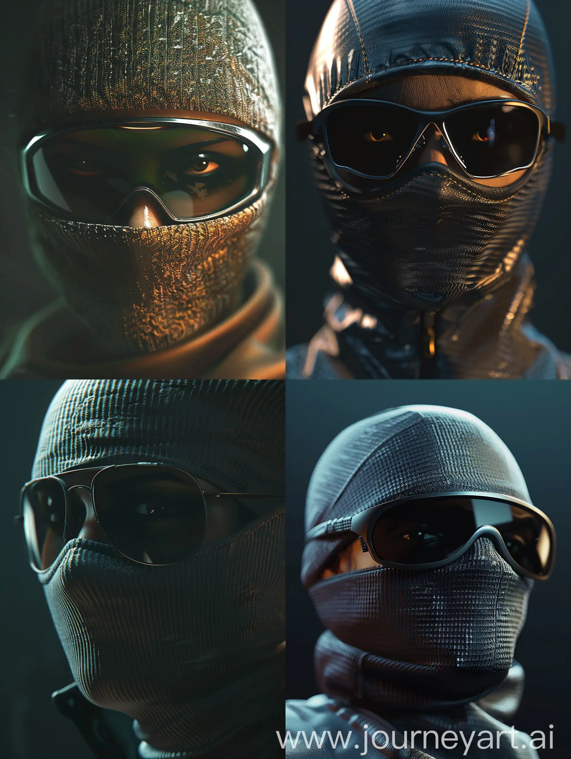 A striking, hyper-realistic 3D close-up of a person wearing sunglasses and a stylish balaclava. The sunglasses are sleek and moder

n, while the balaclava is fashionably designed, with the wearer's eyes peeking through a small opening. The background is a deep, dark void, focusing the viewer's attention entirely on the figure. The lighting highlights the contours of the face and the reflections on the sunglasses, creating an intense and mysterious atmosphere.