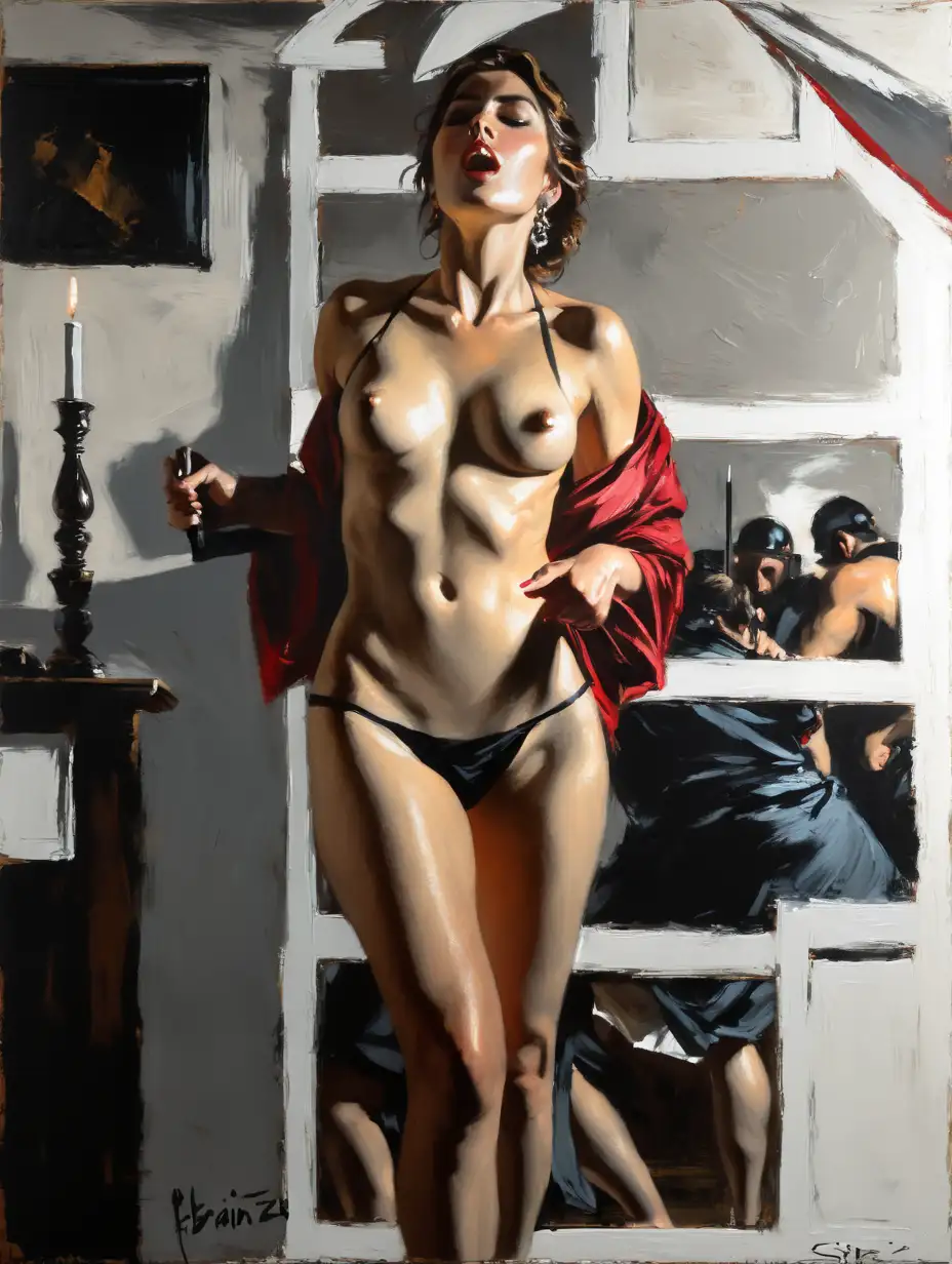 (an expressive painting:1.3), (large strokes style), palette knife style, (Fabian Perez style:1.3) , " Elisabetta Sirani - Portia wounding her thigh " a beautiful , sexy woman depicted in the 17th century