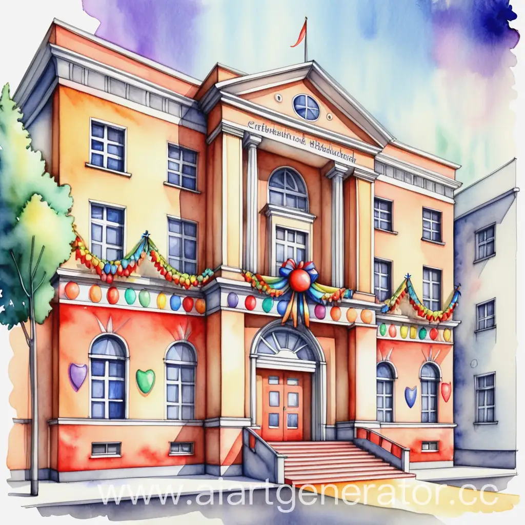 школа, фасад здания с украшениями, праздник, нарисовано от руки, техника акварель