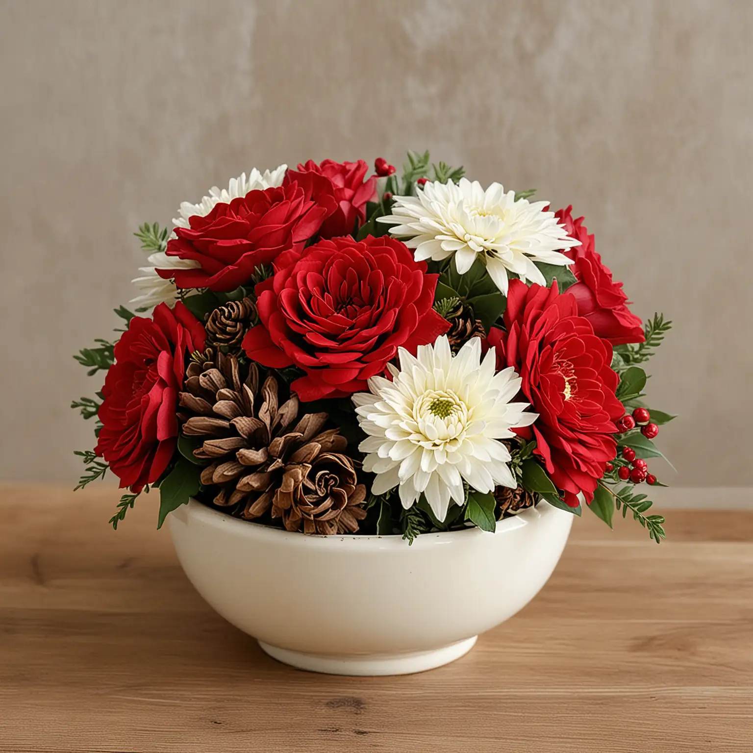 simple and small fall centerpiece with red roses and ivory mums and pinecone accents in small and simple ivory ceramic bowl vase