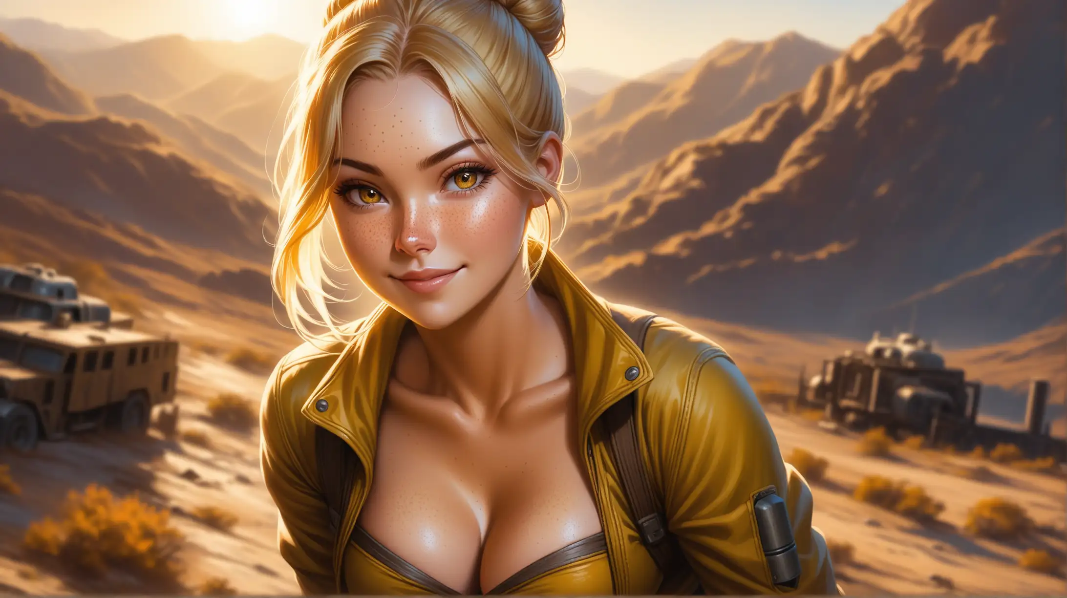 Draw a woman, long blonde hair in a bun, gold eyes, freckles, perky body, outfit inspired from Fallout, high quality, realistic, long shot, ambient lighting, outdoors, seductive pose, cleavage, smiling toward the viewer
