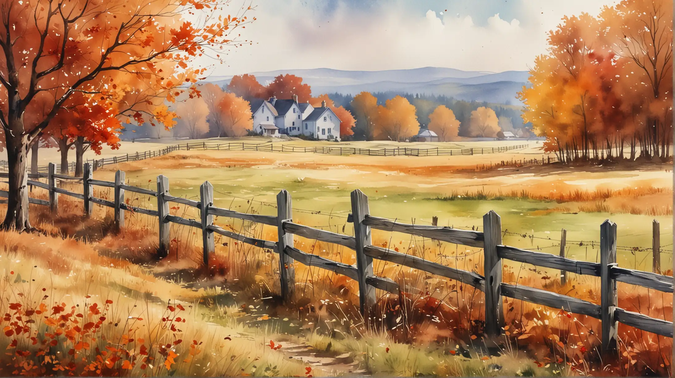 Tranquil Autumn Scene Watercolor Painting of a Rustic Fence in a Field
